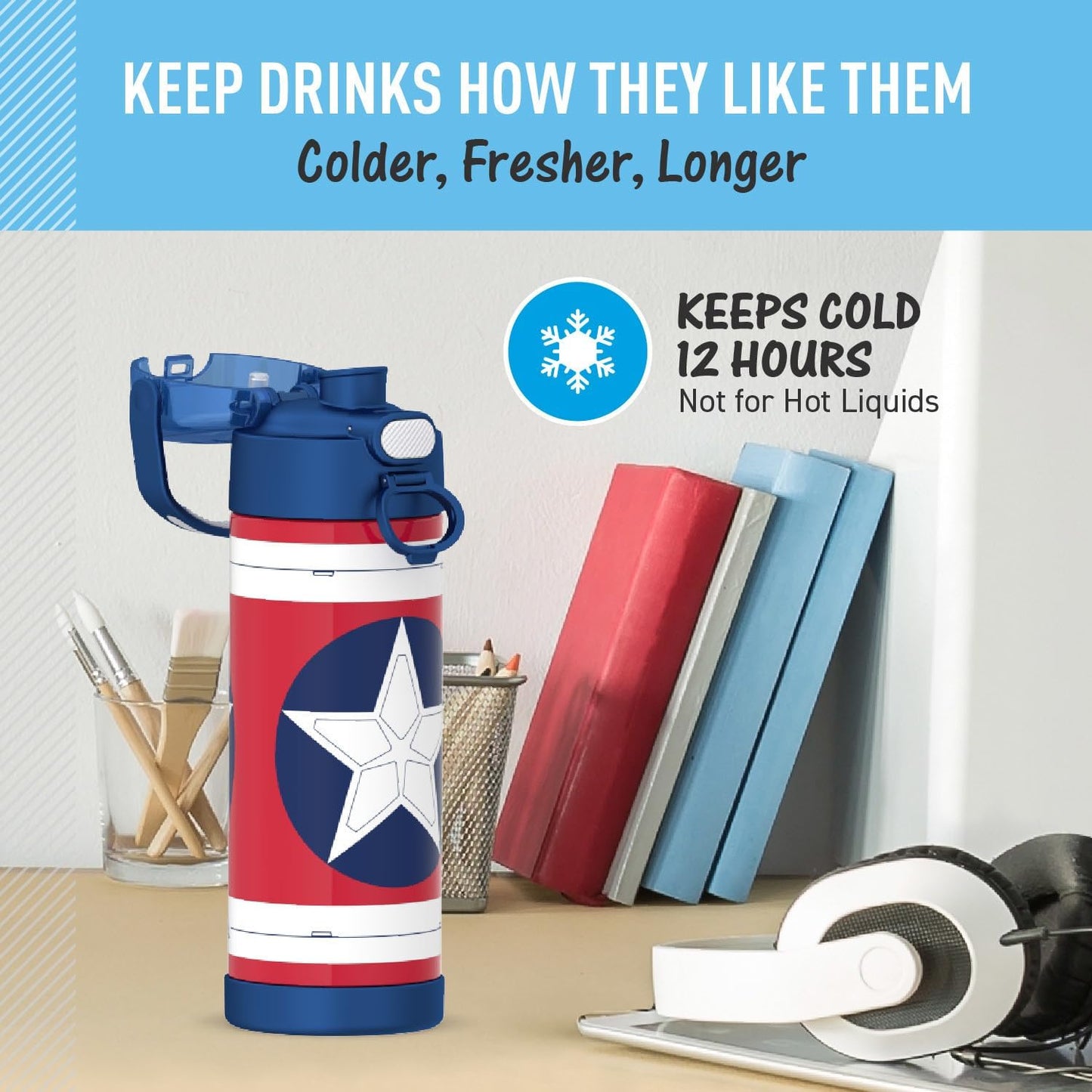 THERMOS FUNTAINER 16 Ounce Stainless Steel Vacuum Insulated Bottle - Captain America Design