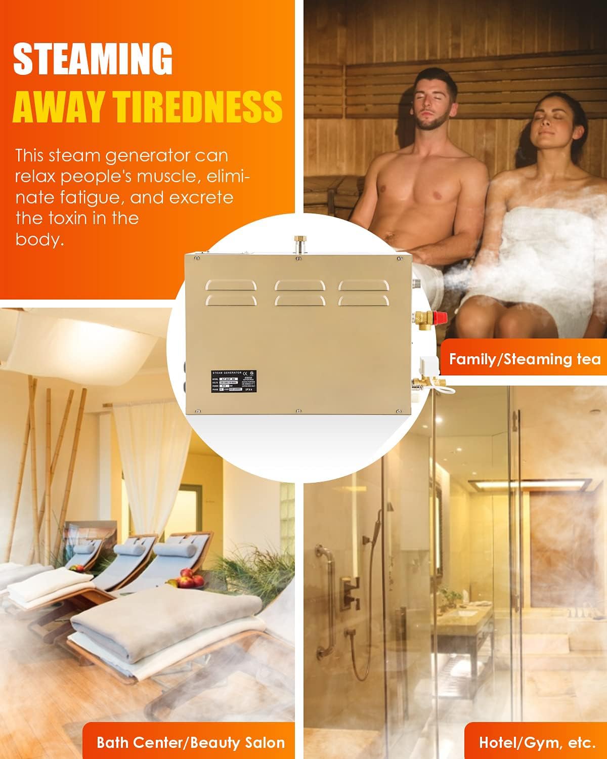 CGOLDENWALL 6KW Commercial Self-Draining Steam Generator Shower System Home Steam Bath Spa Generator 30 min to 12 Hours with Auto Drain 95-131℉ for Suitable Space Heating 6 m³/212 Cubic feet (6KW)