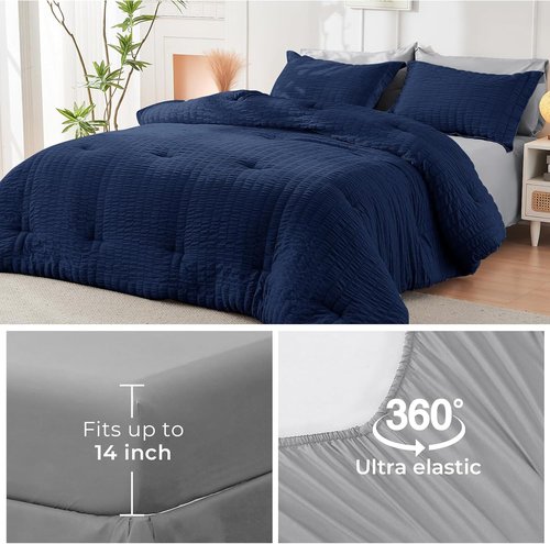 HYMOKEGE Twin Comforter Set - Navy Blue & Light Grey Seersucker | 5-Piece All-Season Luxury Bedding Set