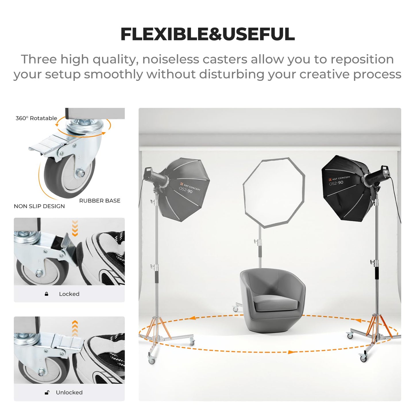 K&F CONCEPT Heavy Duty Light Stand with 360° Swivel Casters & Step-On Brakes, 10ft/305cm Adjustable Stainless Steel Tripod Stand for Studio Photography, Supports COB Lights, Softboxes up to 30kg/66lb