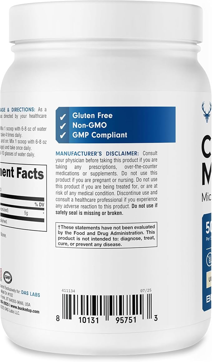 Bucked Up Pure Micronized Creatine Monohydrate for Women and Men - Easy to Mix and Unflavored - 5G Per Serving - 120 Servings - 600 Grams Per Container