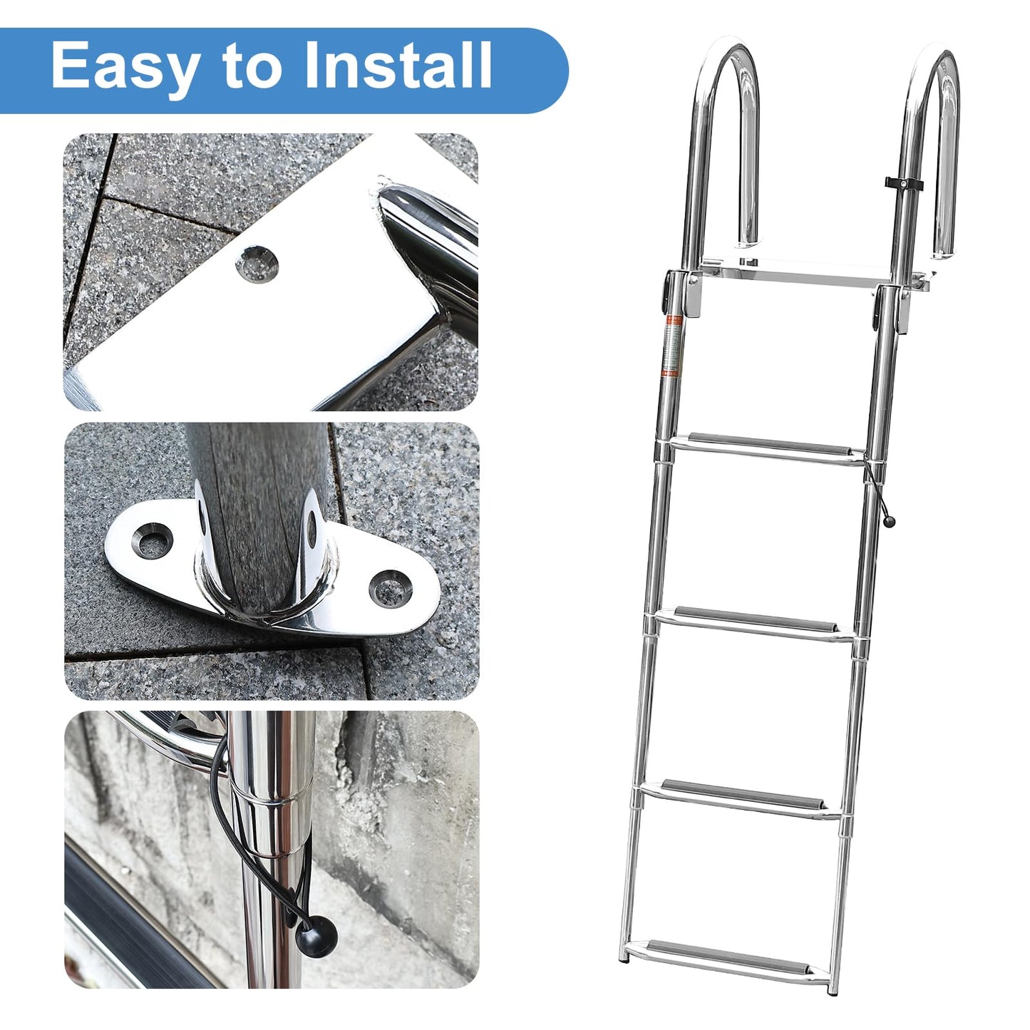 Amarine Made Dock Ladder, 4 Step Pontoon Boat Ladders, Stainless Steel Telescoping Boat Ladder, Marine Folding Ladder with Handrails, Dock Steps for Boats, Load Capacity-440lb