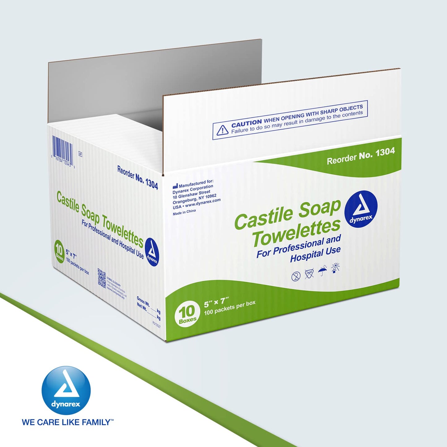 Dynarex Castile Soap Towelettes - Professional-Grade Wet Wipes Individually Wrapped for Hospital, School, Home - No Alcohol Gentle Formula with Coconut Oil-Based Soap - 10 Boxes, 100 Packets per Box