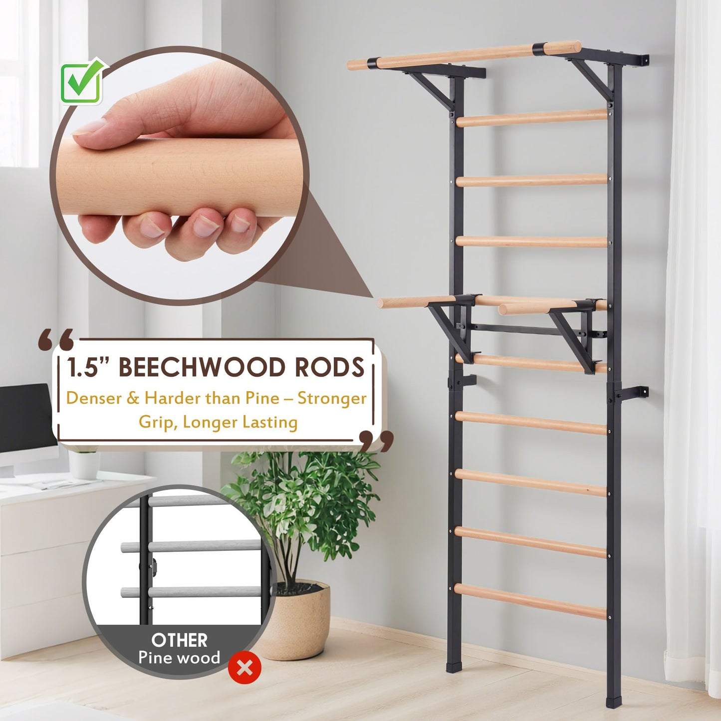Morohope Solid Beechwood Stall Bar, 90" Swedish Ladder Wall Gym with Pull-up Bar & Dip Station, 220lbs Capacity Wall Mounted Gymnastics Ladder for Home Gym Training, Stretching & Bodyweight Exercise