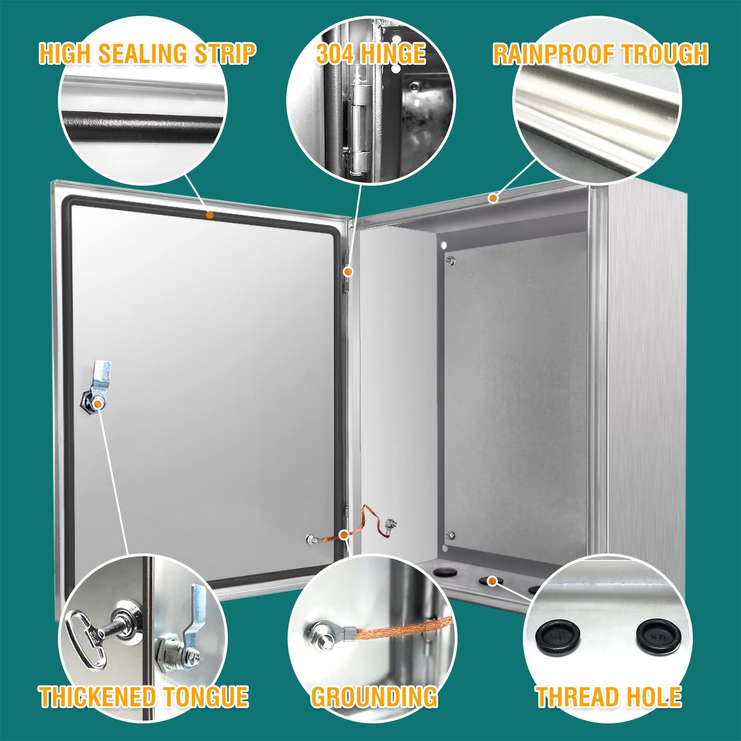 Outdoor Electrical Box 20 x 16x 8'' NEMA 4X Enclosure 304 Stainless Steel Outdoor/Indoor Lockable Electrical Junction Box，IP65 Waterproof,Mounting Plate, Wall/Pole Mounted