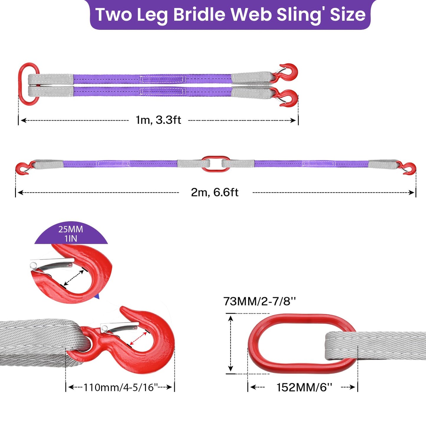 Lifting Slings Straps with Hooks - 3.3 FT, 4409LB Pounds Capacity, Polyester Bridle Sling, Heavy Duty Two Leg Rigging Strap for Engines, Cranes, Hoists, Truck, Purple