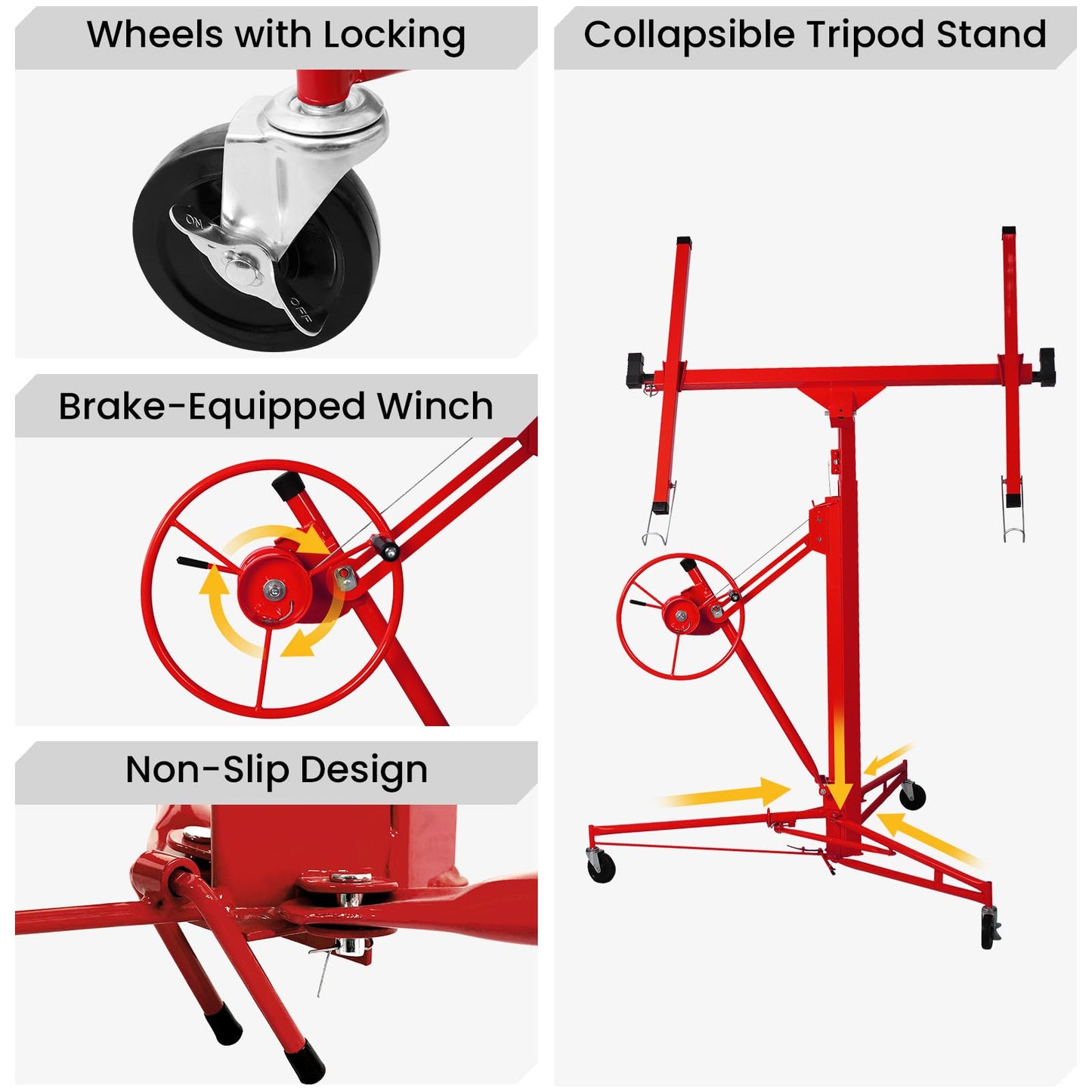 Rovibek Drywall Lift 11 ft Sheetrock Lift Drywall Hoist for Ceiling 360° Adjustable Drywall Lifter Foldable Sheetrock Jack 150lbs Heavy Duty for Home Improvement (Red)