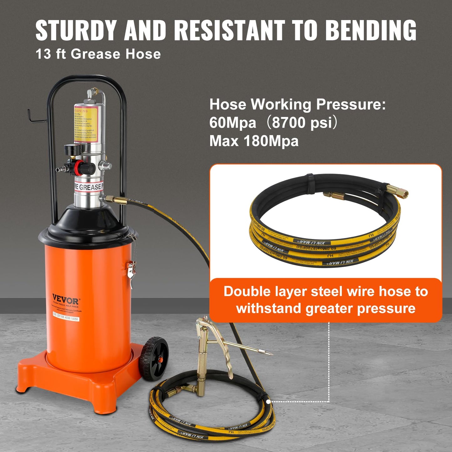 VEVOR Grease Pump, 3 Gallon Air Grease Pump with 13 ft High Pressure Hose and Grease Gun, 12L Pneumatic Grease Pump with Wheels, Portable Lubrication Grease Pump