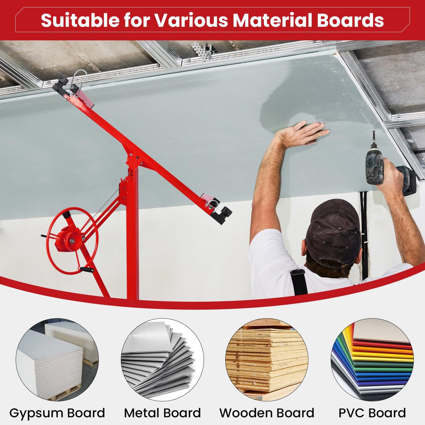 Rovibek Drywall Lift 11 ft Sheetrock Lift Drywall Hoist for Ceiling 360° Adjustable Drywall Lifter Foldable Sheetrock Jack 150lbs Heavy Duty for Home Improvement (Red)