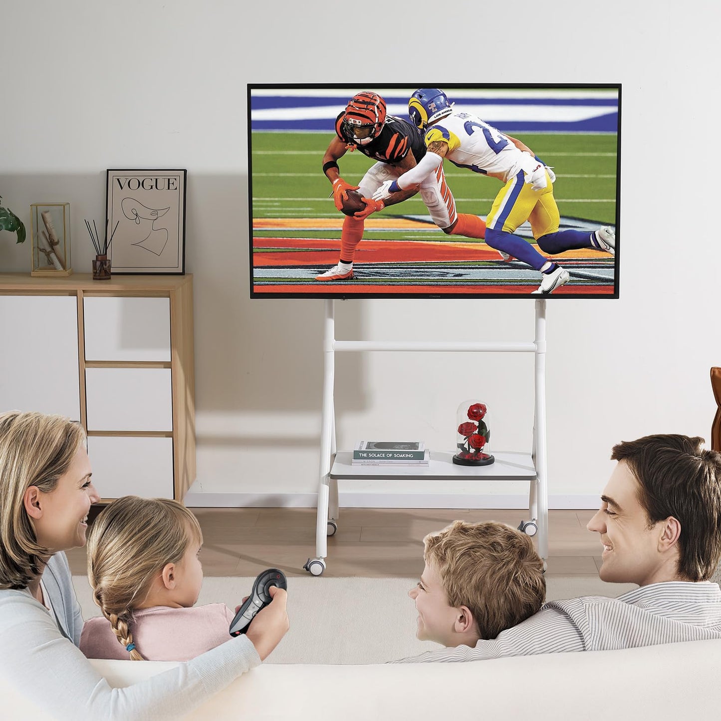 Fydeamer Rolling TV Stand for 40-86 Inch LED LCD OLED Screens up to 88 lbs, Portable TV Stand on Wheels with Tray, Mobile Stand for Living Room, Bedroom, Office (White)