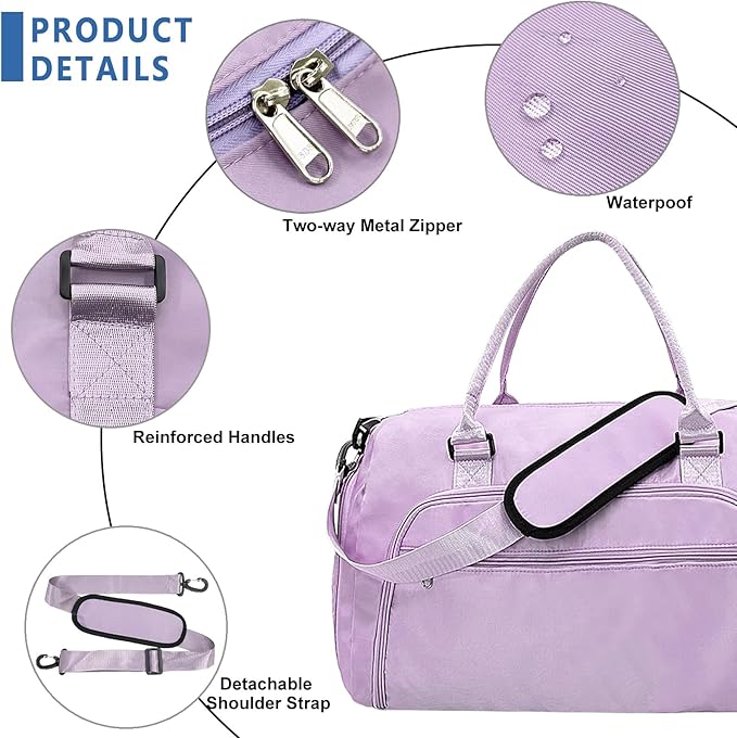 woogwin Small Gym Bag for Men & Women with Shoes & Wet Compartment Waterproof Duffle Bag for Travel Sports Workout Overnight Weekender (17.7'',Purple)