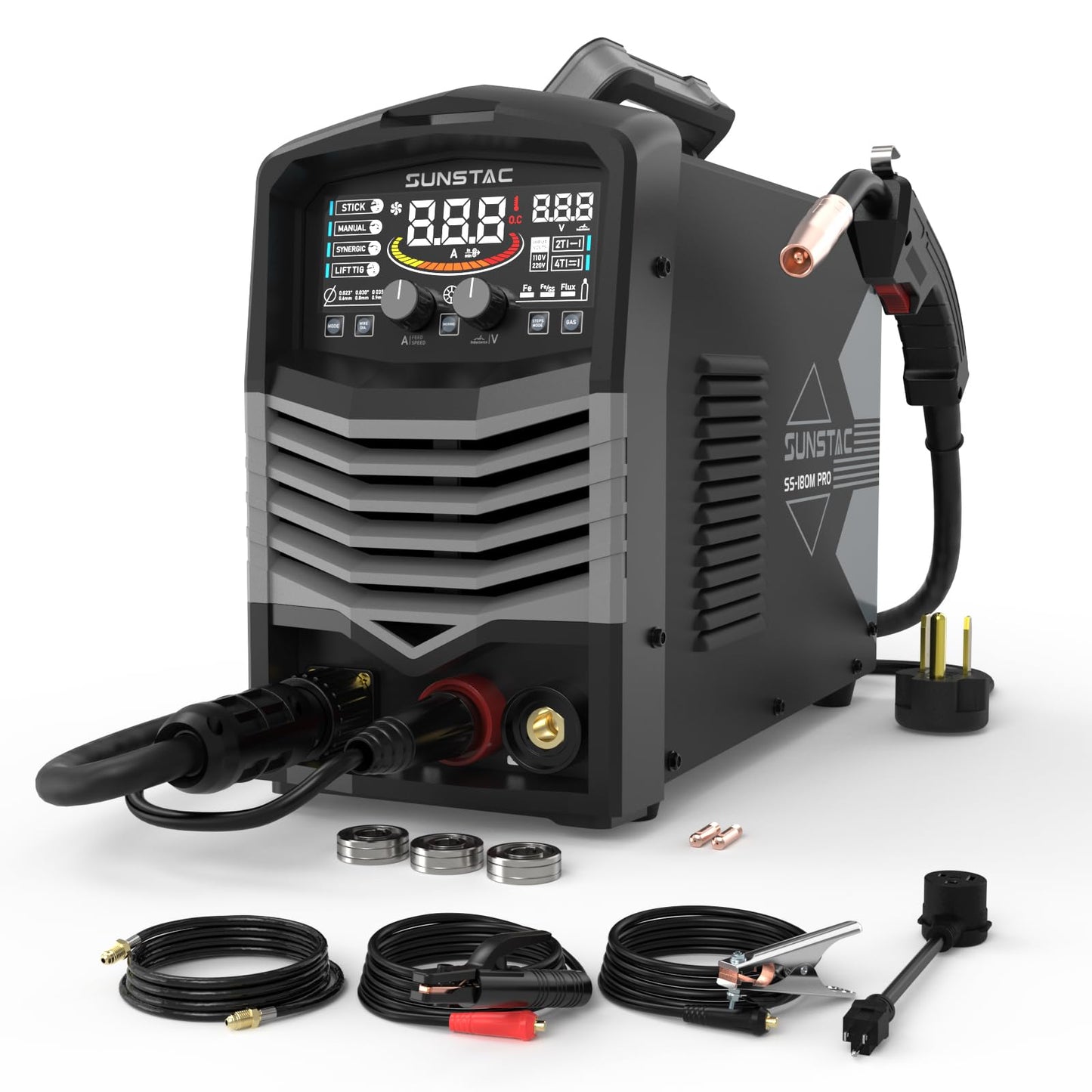 MIG Welder, 180A 110V/220V Gas MIG/Gasless MIG/Lift TIG/Stick 4 in 1 MIG Welding Machine, MIG with IGBT Inverter Synergic Control, Digital Screen Display and Over Loading Protection