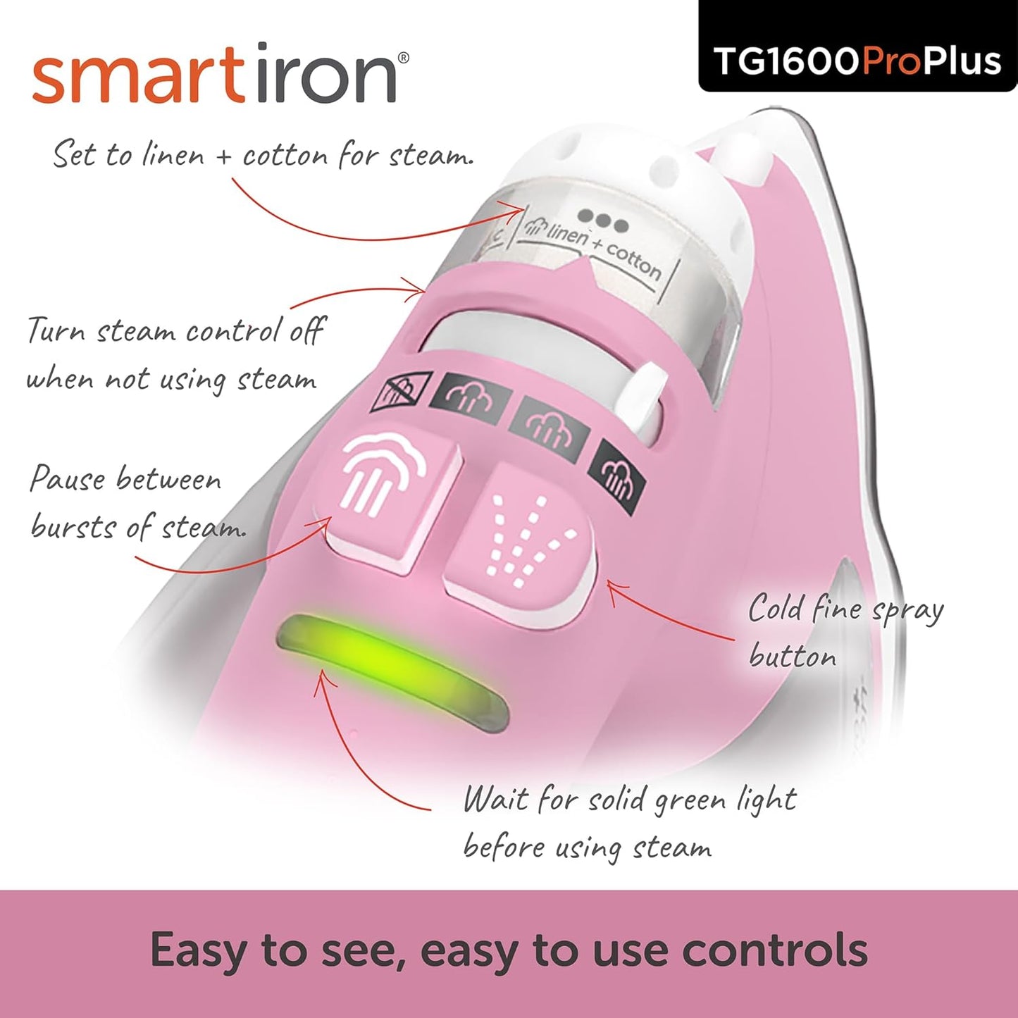 Oliso TG1600 ProPlus Smart Iron - 1800 Watt Steam Iron with Auto-Lift & Diamond Ceramic-Flow Soleplate | Rosé