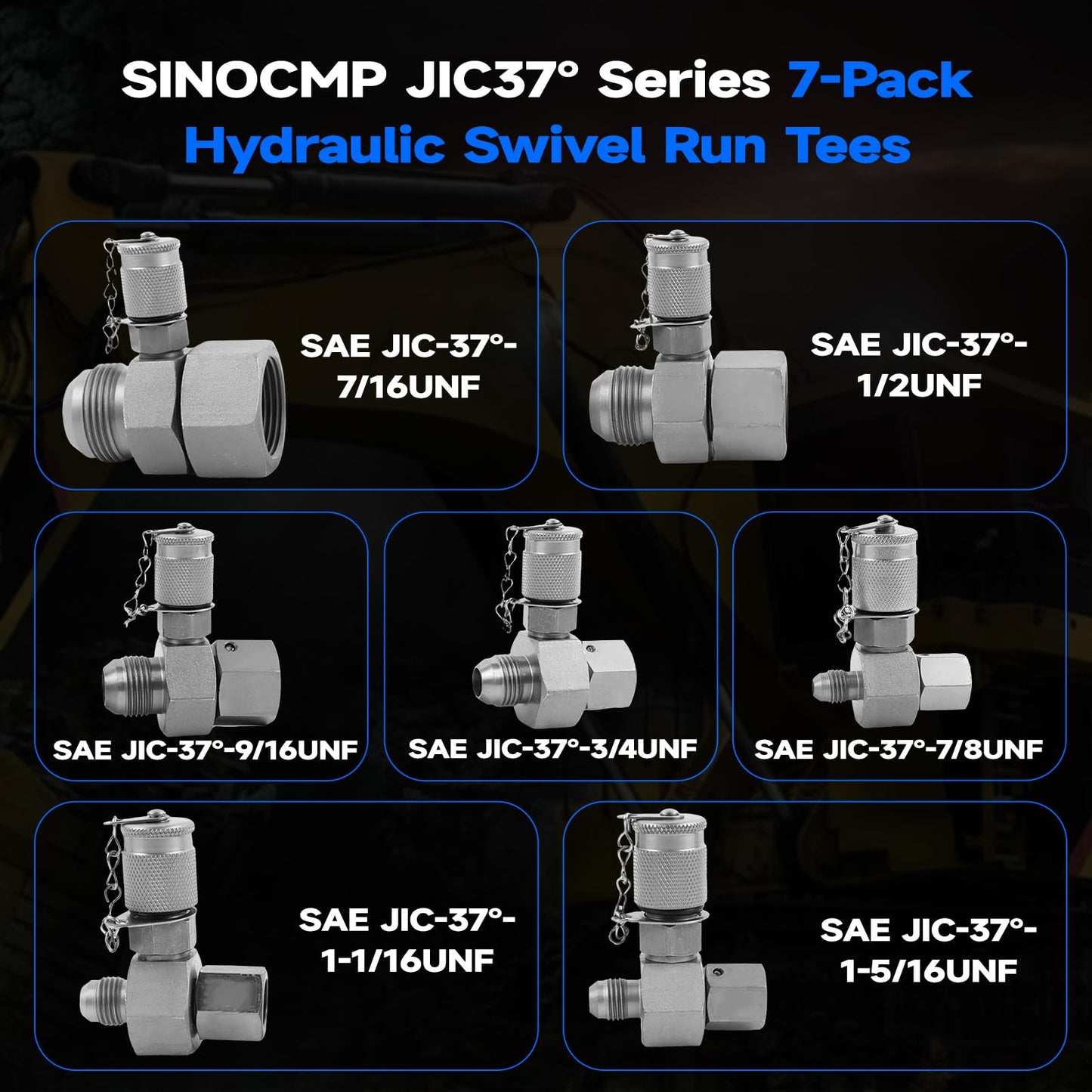 SINOCMP 7Pcs JIC37 Hydraulic Swivel Run Tees Connector Tester Coupling Set, Hydraulic Pressure Test Fittings for Excavator Construction Machinery Hydraulic System