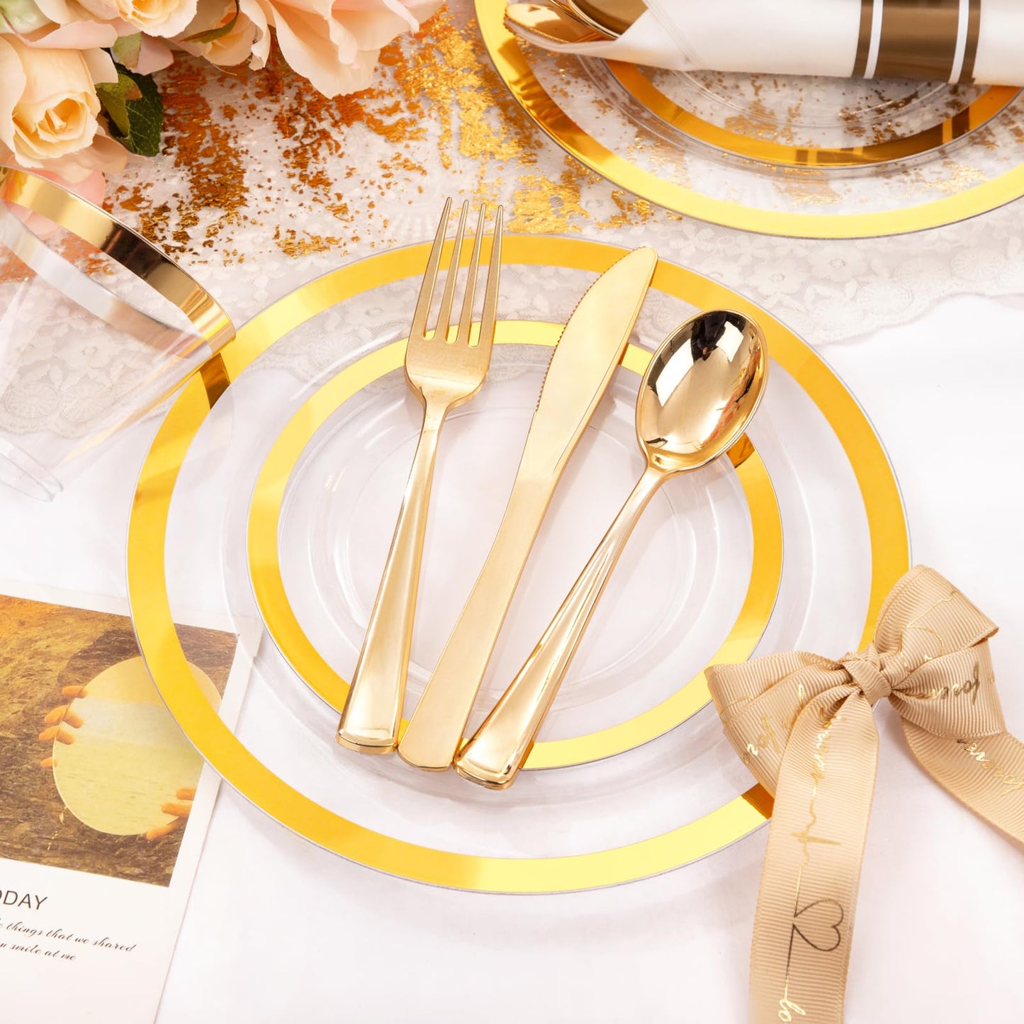 Liacere 350PCS Clear Gold Plastic Plates for 50 Guests Dinnerware Include 100 disposable Plates 150 Gold Silverware 50Napkins for Party & Wedding