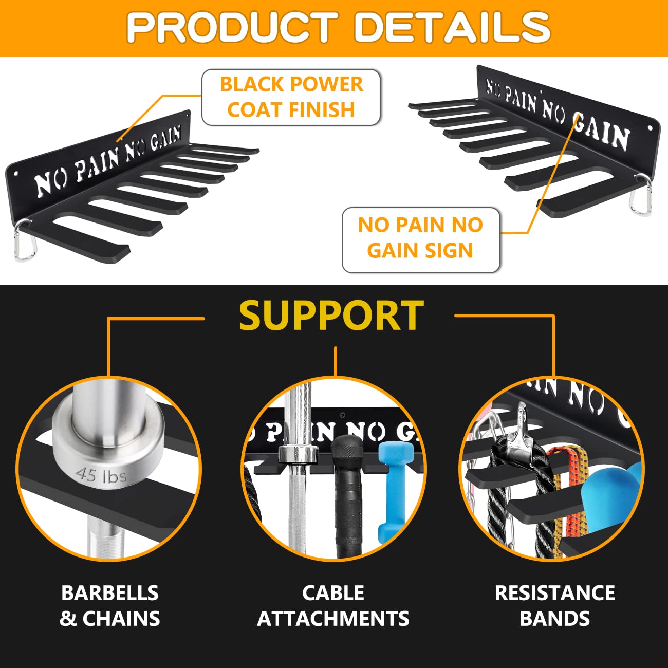 Gym Home Rack 8 Hook Heavy-Duty Wall-mounted Organizer Multi-Purpose Workout Gear Wall Hanger Storage for Resistance Bands Jump Ropes Lifting Belt Fitness Bands Barbells Carabiners Included (NO PAIN NO GAIN)