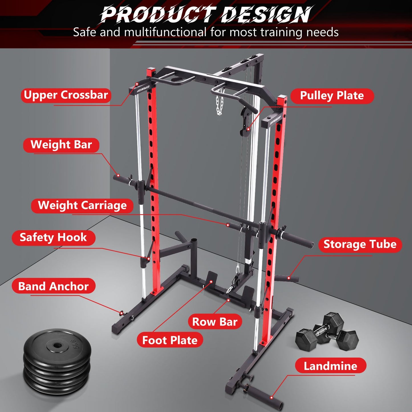 OPPSDECOR All-in-One Smith Machine Power Rack with LAT Pull Down System, Pull Up Bar, Barbell Bar, Plate Storage Pegs and More Training Attachment, Heavy Duty Smith Machine Home Gym (BlackRed)