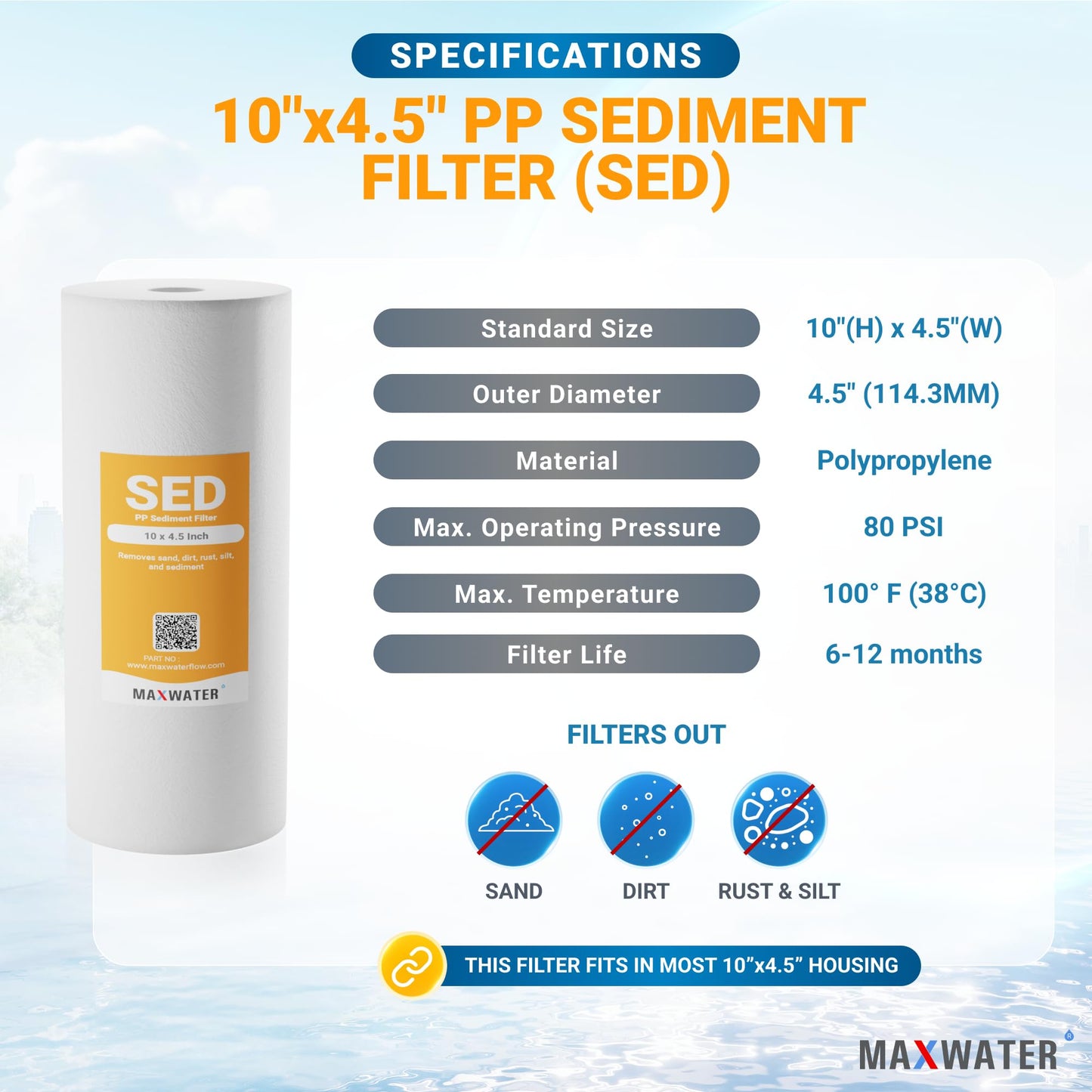 Max Water 10 Micron 10 x 4.5 inch Whole house Sediment Water Filter | Meltblown Polypropylene Well Water Filter Replacement Cartridges for DGD-5005, AP810, SDC-45-1001, GXWH30C, PP10BB (20 Pack)
