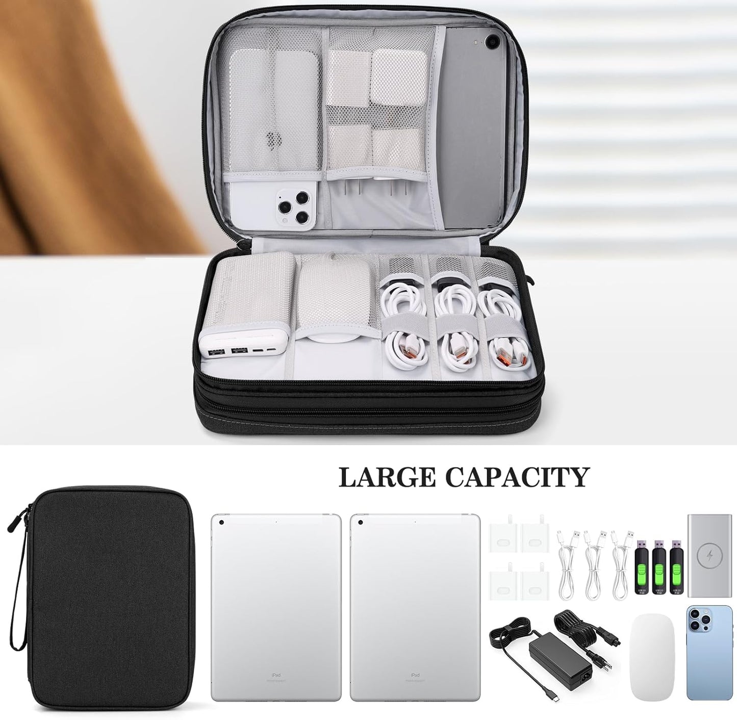 FYY Electronic Organizer, Extra Large Travel Cable Organizer Bag Pouch Portable Waterproof Double Layers All-in-One