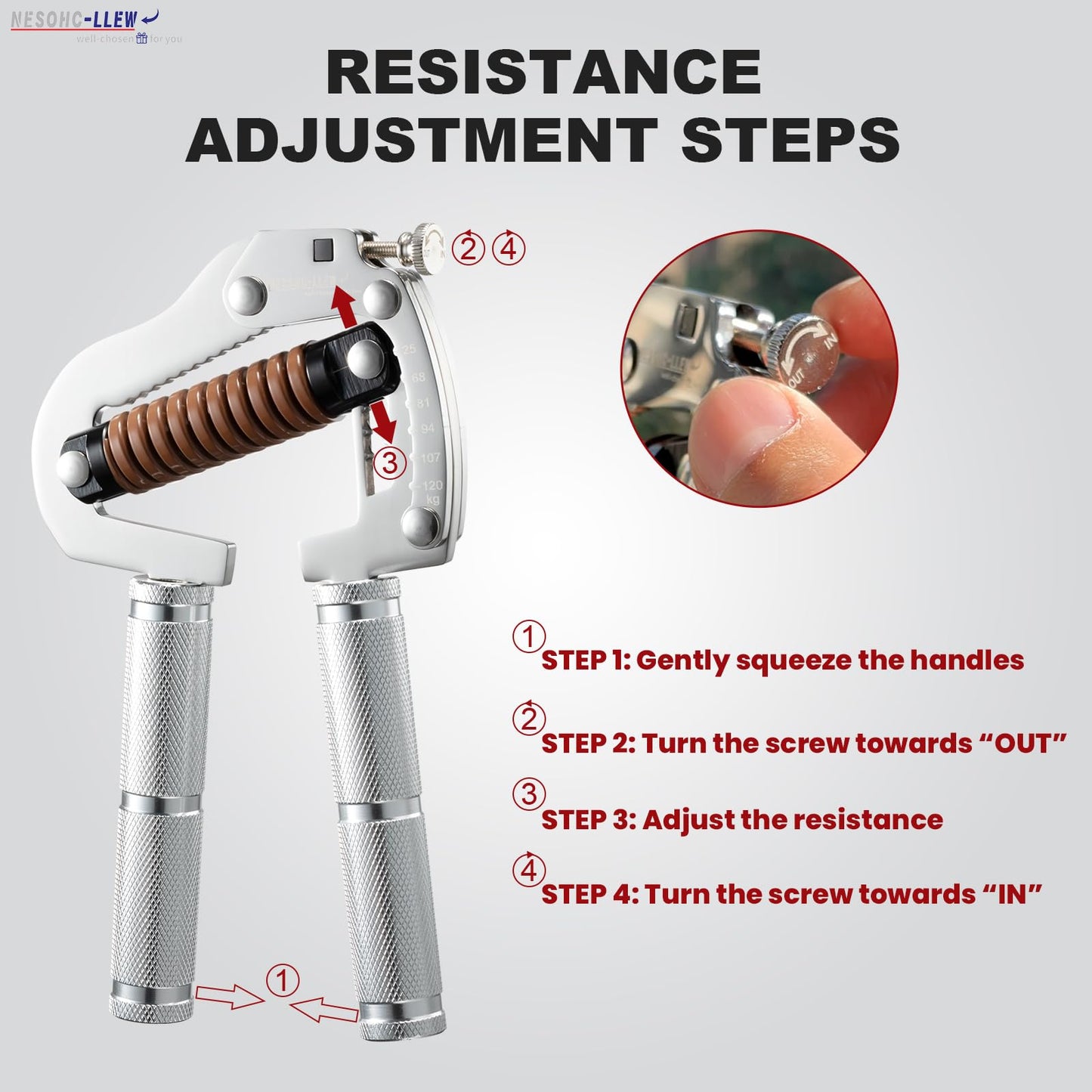 NESOHC-LLEW Adjustable Grip Strength Trainer: Premium 304 Stainless Steel Structure, Aerospace Grade Aluminum Alloy Handle, Grip Strength Adjustable Range 55-264 lbs