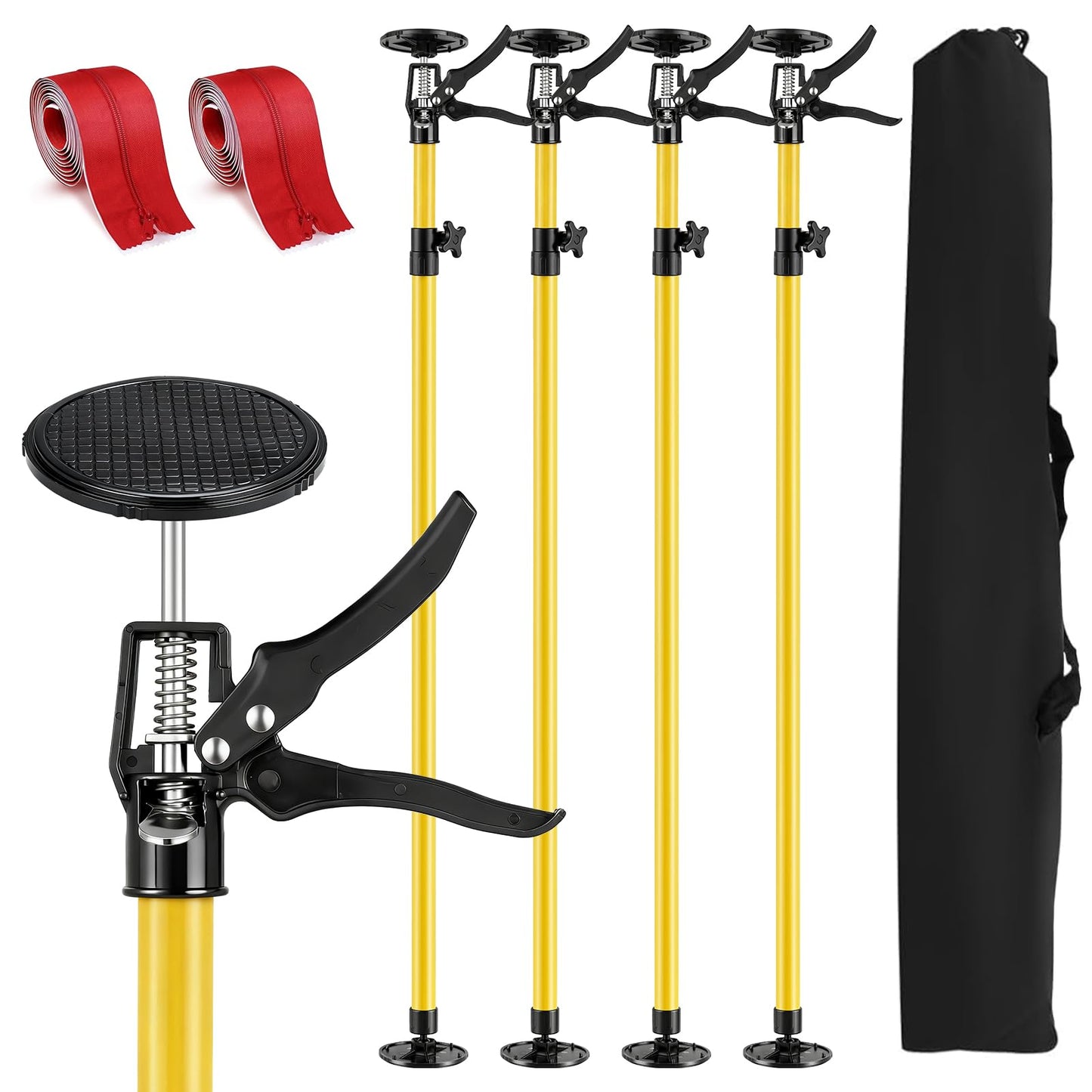 4PK Dust Barrier Poles,10FT Dust Barrier Poles Kit,Adjustable Dust Containment Pole with 2 Heavy-Duty Zippers Spring Retractable Wall Poles for Renovation & Construction Renovation-Yellow