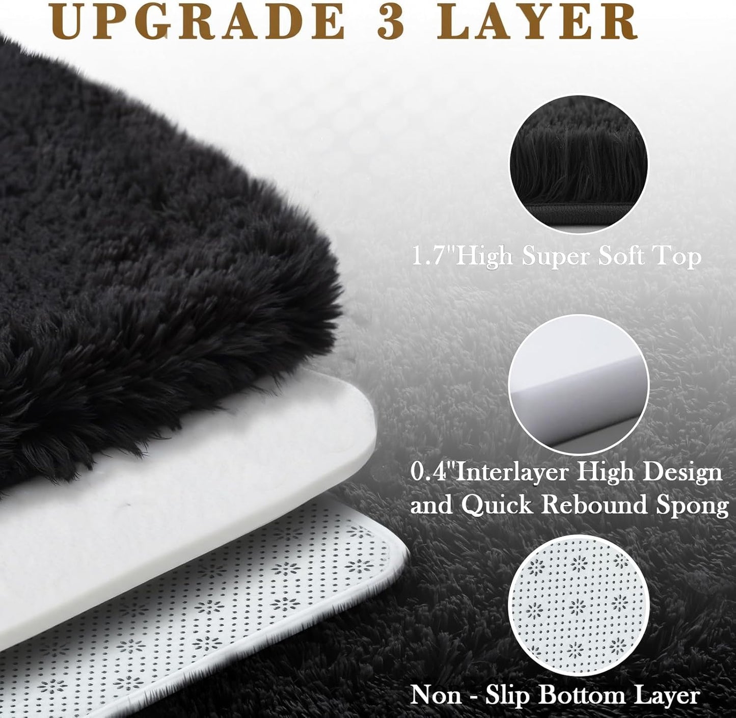 Small Area Rug - Modern Shag 2x3 Feet Black Bedroom Mat | Fluffy Carpet for Dorm Room Decor