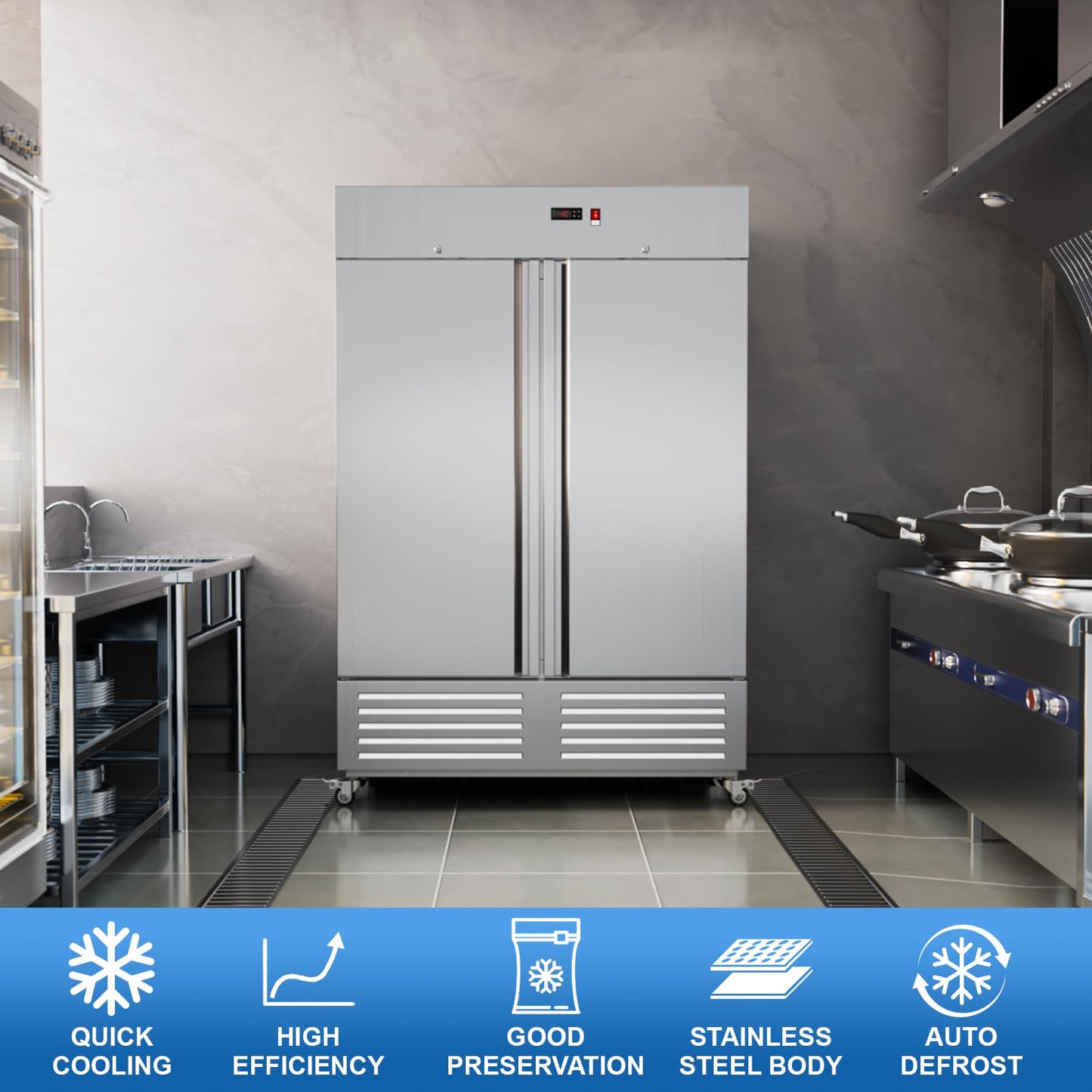LCEKY 54" W 2 Door Commercial Freezer Stainless Steel 49 Cu.ft Freezers for Restaurant, Bar, Shop etc