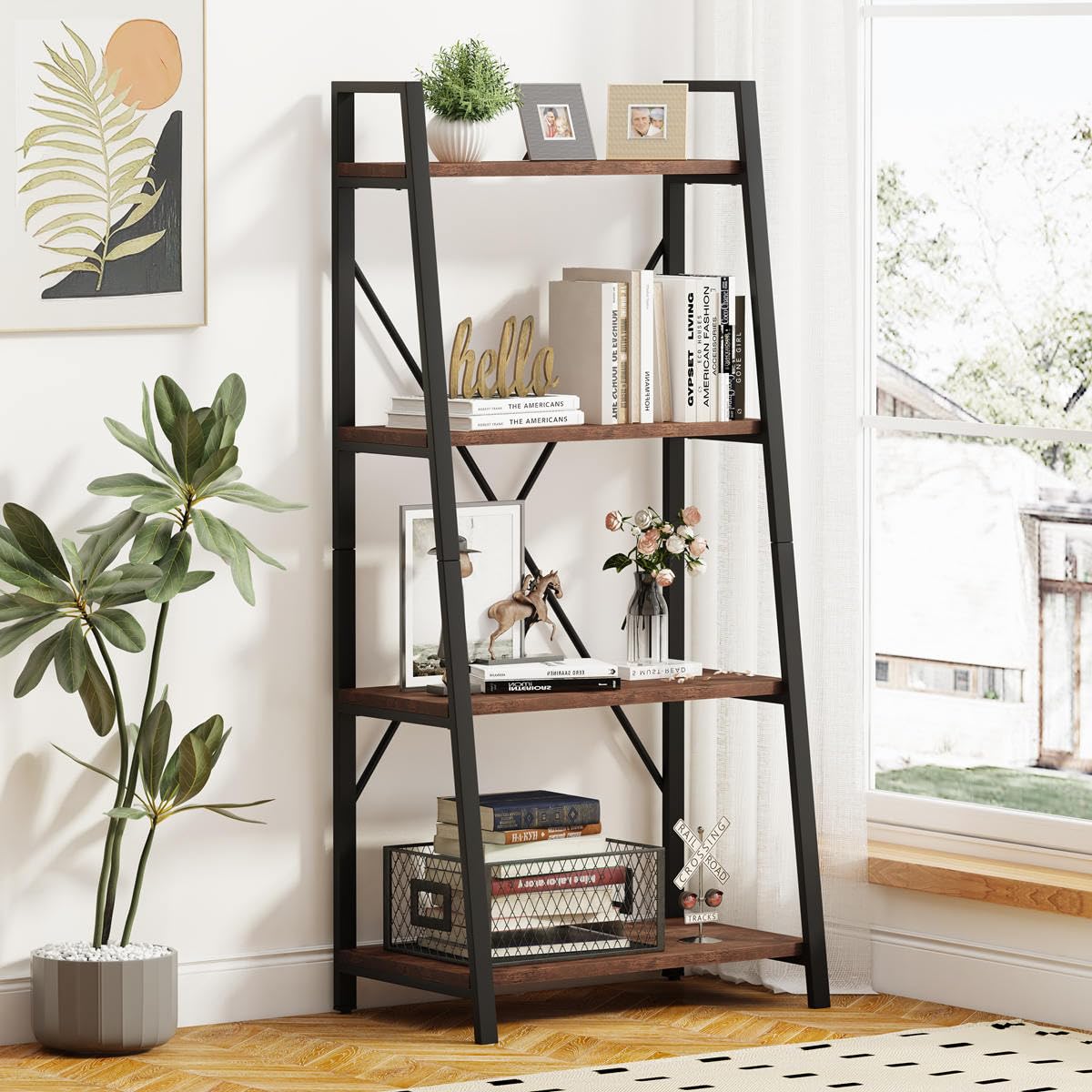 BON AUGURE Hall Tree with Shoe Storage, 5-in-1 Reversible Entryway Bench with 4 Tier Rustic Ladder Bookshelf, Standing Leaning Book Shelves for Living Room (Rustic Oak)