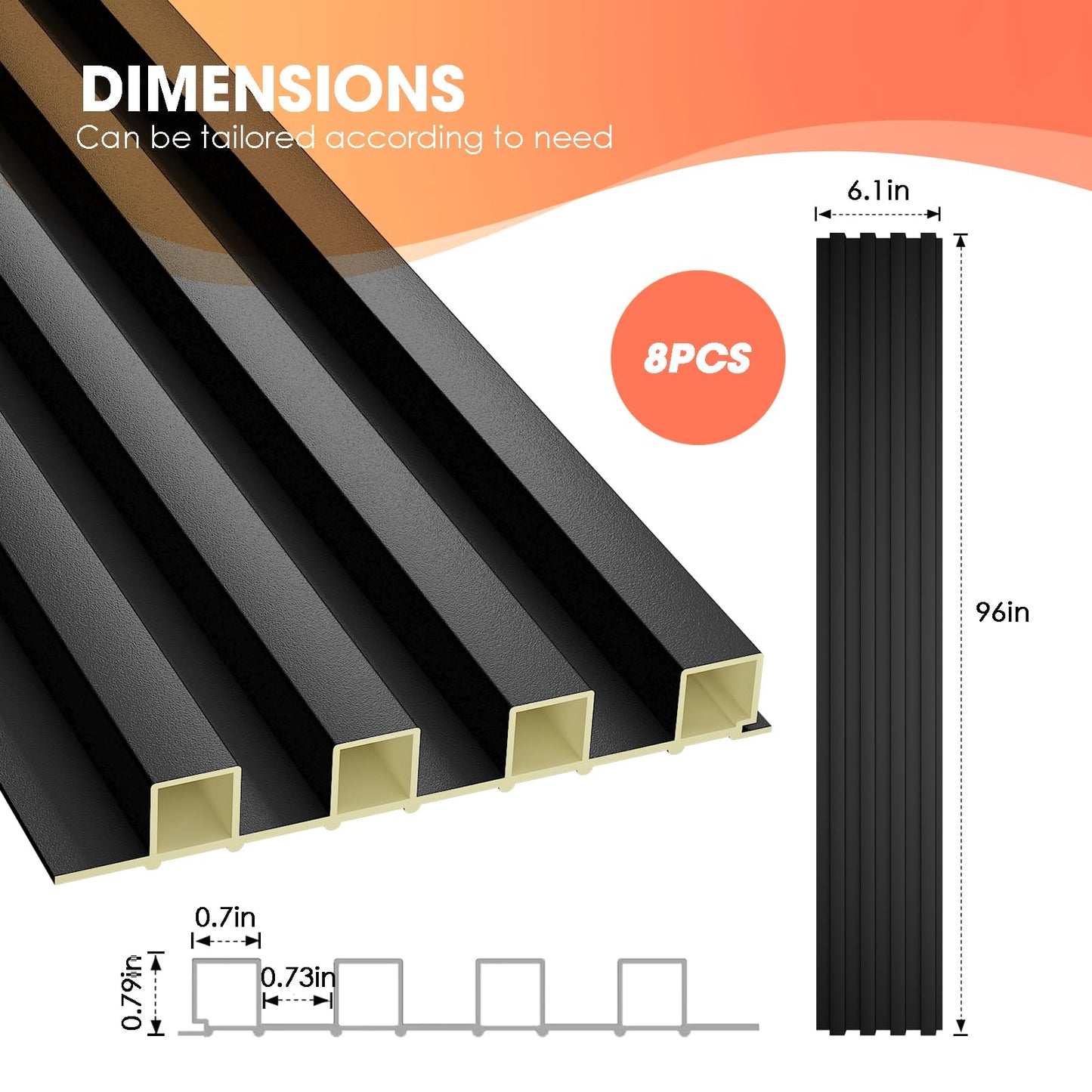 OUZUGIE WPC Acoustic Slat Wall Paneling, 8-Pack 96 x 6 Inches 3D Wall Panels for Interior Wall Decor,Living Room,TV Background,Study Room,Office Spaces,Bedroom,High Grille (Black)