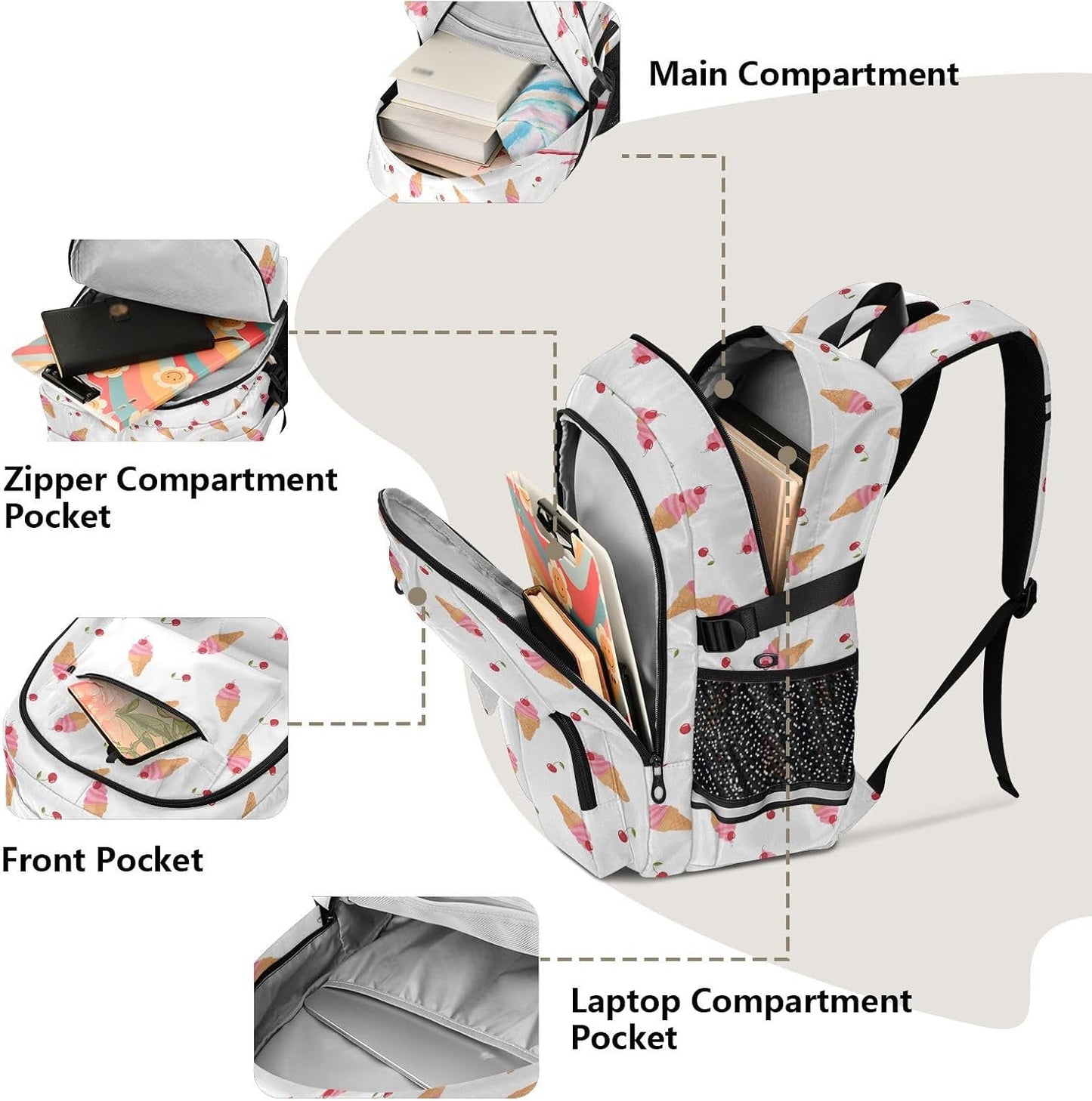 Msyxl Backpack 14" 30L Ice Cream Cones School with Laptop Compartments and Reflective Straps, Fits Laptop, Capacity