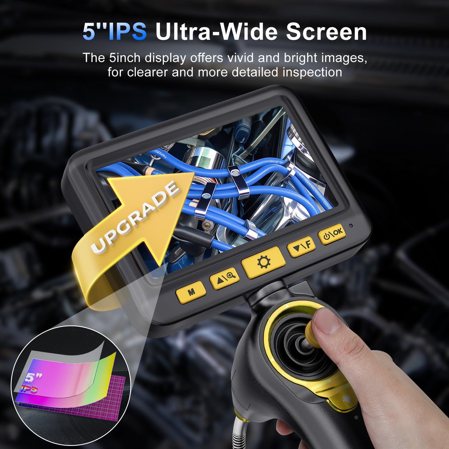 360°Articulating Borescope Camera - JESERAL 5" HD 1080P Inspection Camera Screen with 6 Light, Endoscope with 6.2mm IP67 Waterproof Probe, 3X Zoom 4-Way Borescope Engine with 1M Flexible Cable