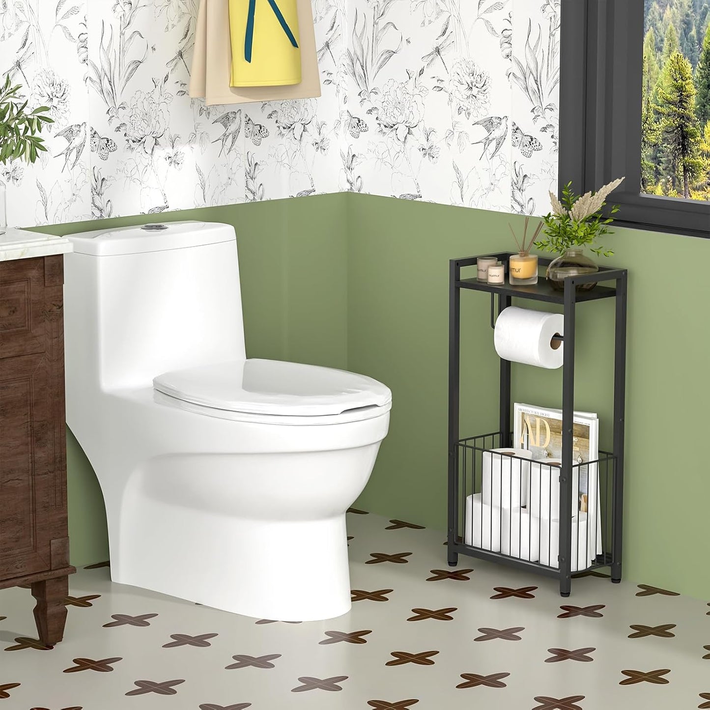 Skiennix Freestanding Toilet Paper Holder - Stylish Bathroom Tissue Stand with Storage Shelf for Phone & Magazines