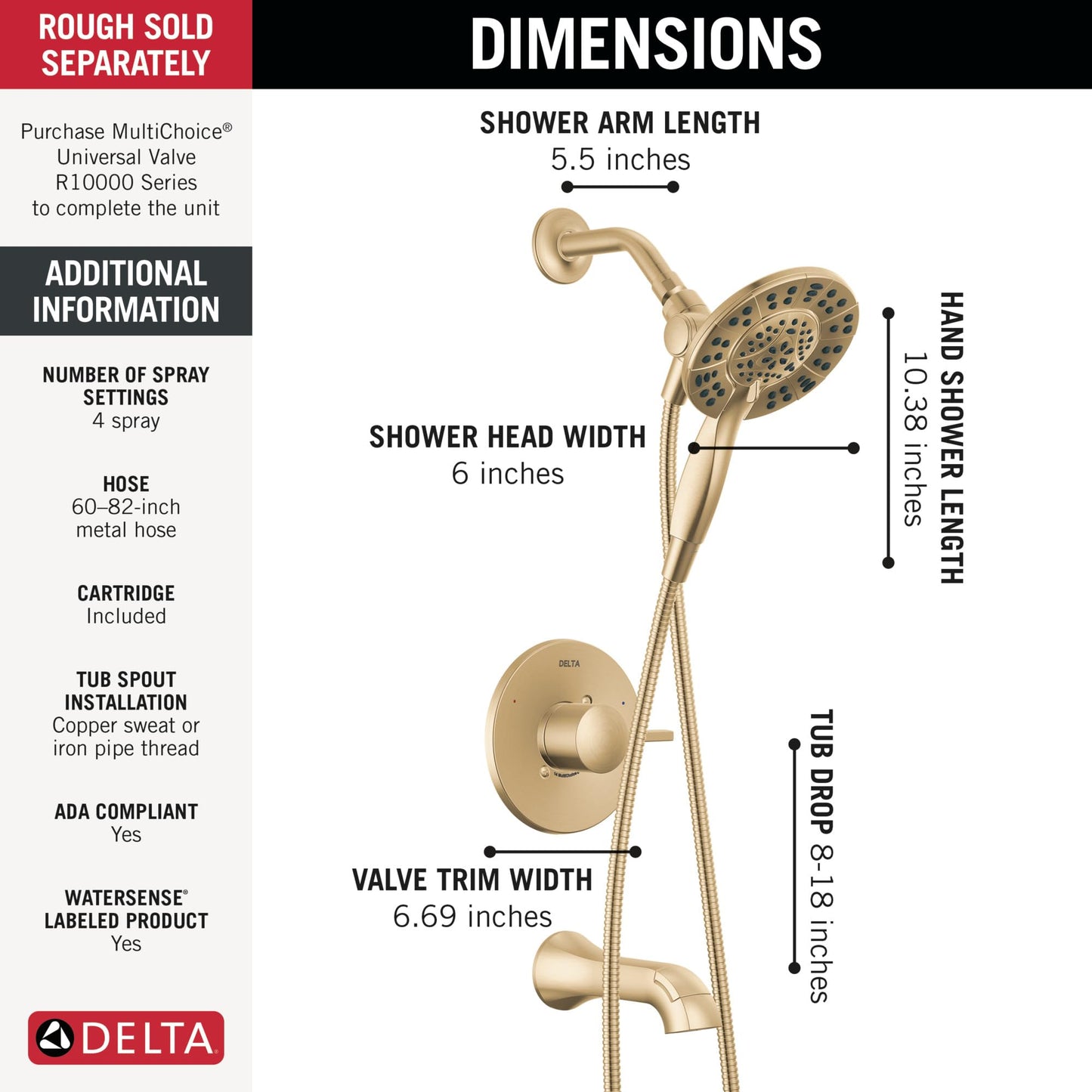 Delta Faucet Albion 14 Series Single-Handle Tub and Shower Faucet Set, Gold Shower Trim Kit with 4-Setting In2ition 2-in-1 Dual Shower Head, Champagne Bronze T144855-CZ-I (Valve Not Included)