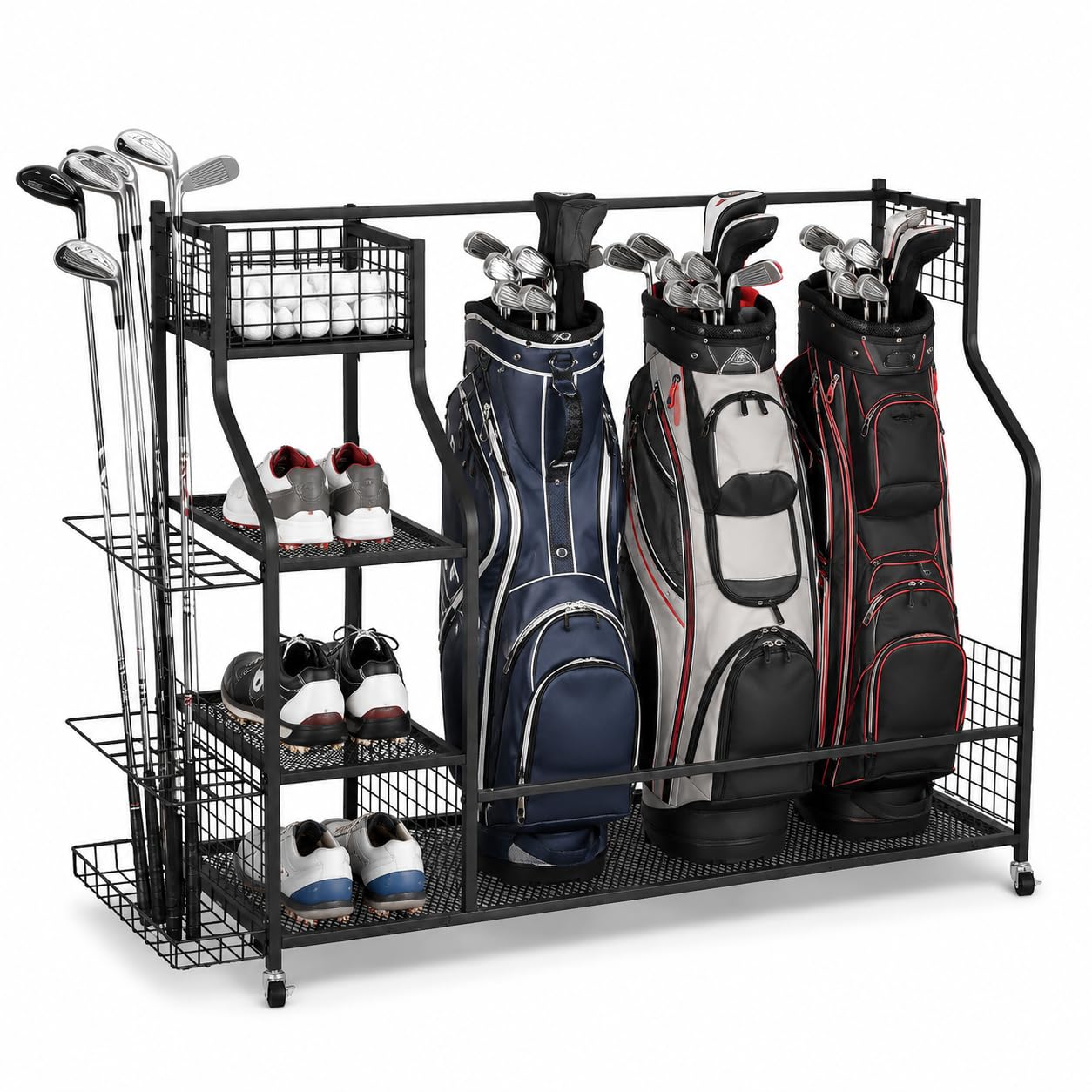 Zevemomo Metal Golf Bag Storage Organizer with Wheels for Garage, Golf Bag Storage Rack, Golf Bag Holder for Garage, Large Golf Equipment Storage Organizer for Golf Clubs, Hats, Gloves, Balls, Black