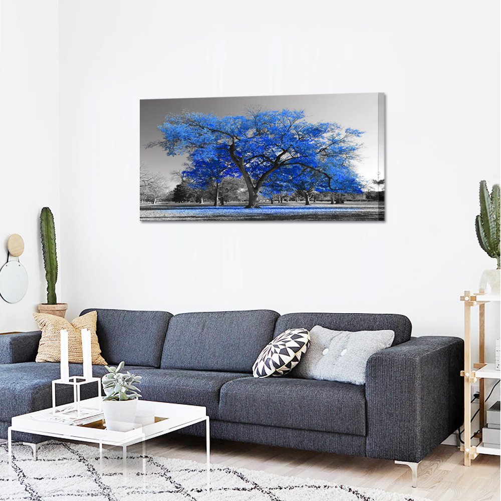KREATIVE ARTS Canvas Prints Blue Tree Wall Art Painting Contemporary Black and White Fall Landscape Pictures Modern Giclee Stretched and Framed Artwork for Walls 20x40inch