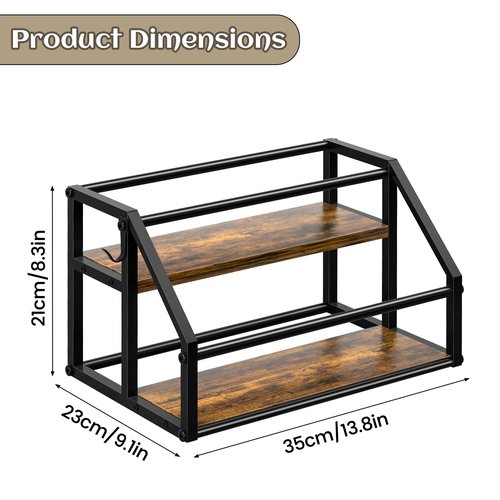 Homedawn Coffee Syrup Rack Organizer, Syrup Bottle Holder Stand for Coffee Bar, 2-Tier 8 Bottles Storage Shelves for Syrup, Wine, Dressing for Kitchen Countertop, Rustic Brown & Black