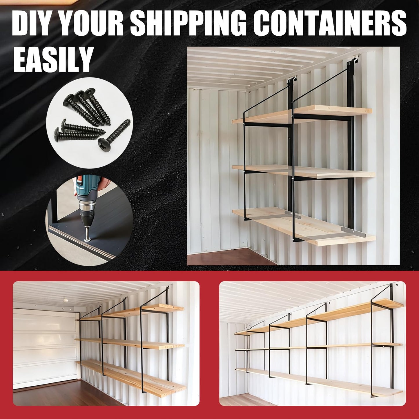 4 Pack Shipping Container Shelving Brackets, 3 Tiers Hanging Shipping Container Accessories, 1100 LBS Load Capacity, Heavy Duty Metal Storage Rack Shelf for Garage, Warehouse, Basement(4 PCS)