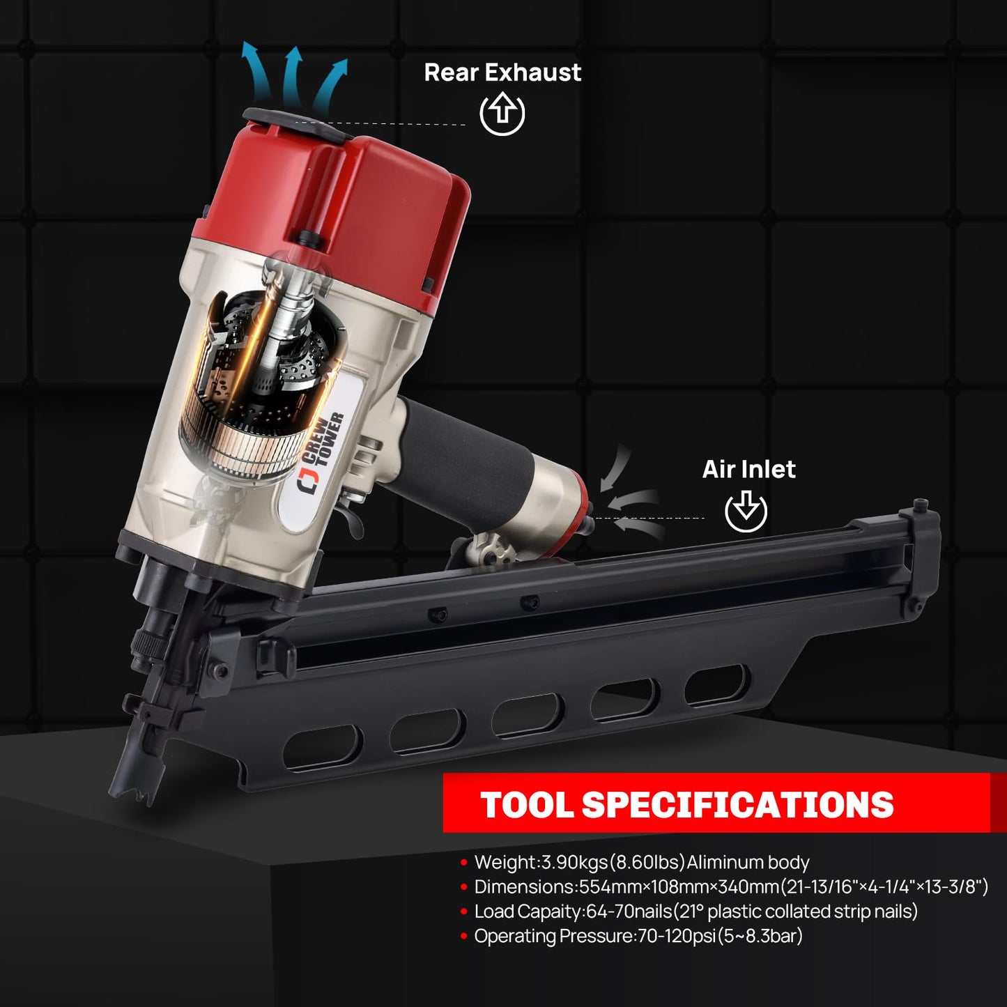 CREWTOWER 21 Degree Framing Nailer for Contractors - Pneumatic Nail Gun 2 Inch to 3-1/4 Inch for Framing, Sheathing and Roofing - Lightweight 8.6 lbs with Tool-Free Depth Adjustment - SRN9021