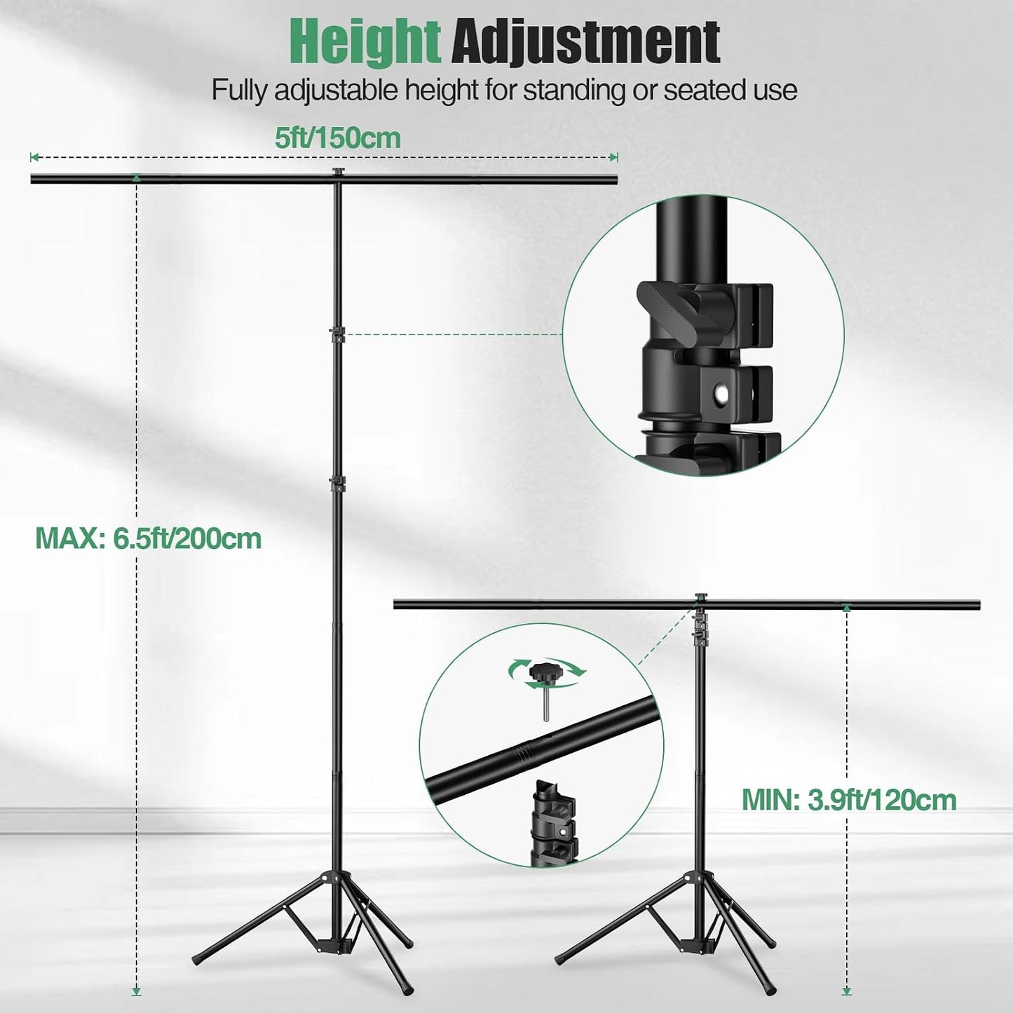 Qoolfoto 57ft 5 Green Screen Backdrop Kit, Portable Greenscreen Background with Adjustable T-Shaped Stand, Clamps