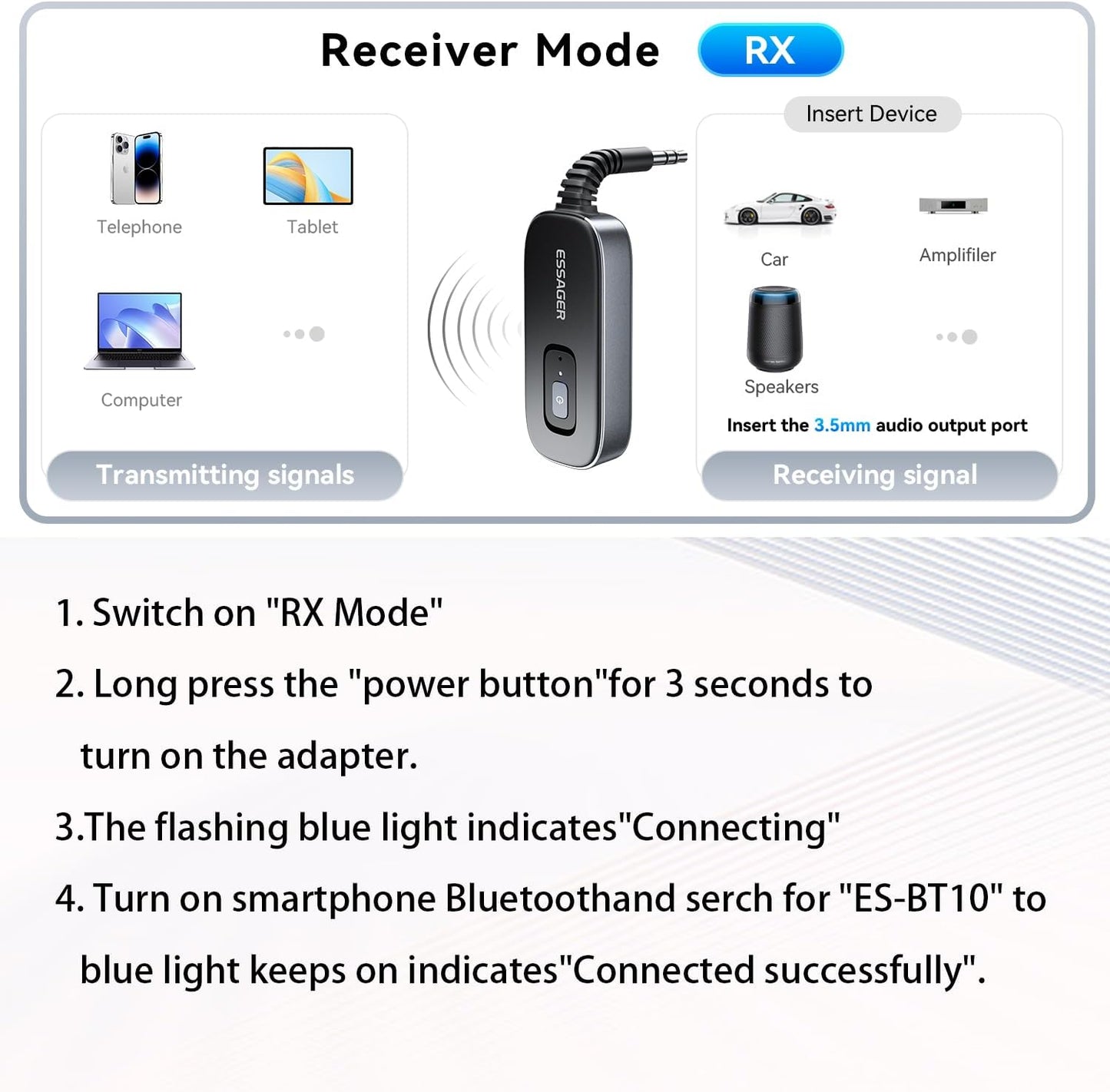 ESSAGER 3.5mm Bluetooth Receiver for Car, Noise Cancelling AUX Bluetooth Car Adapter, Wireless Audio Receiver