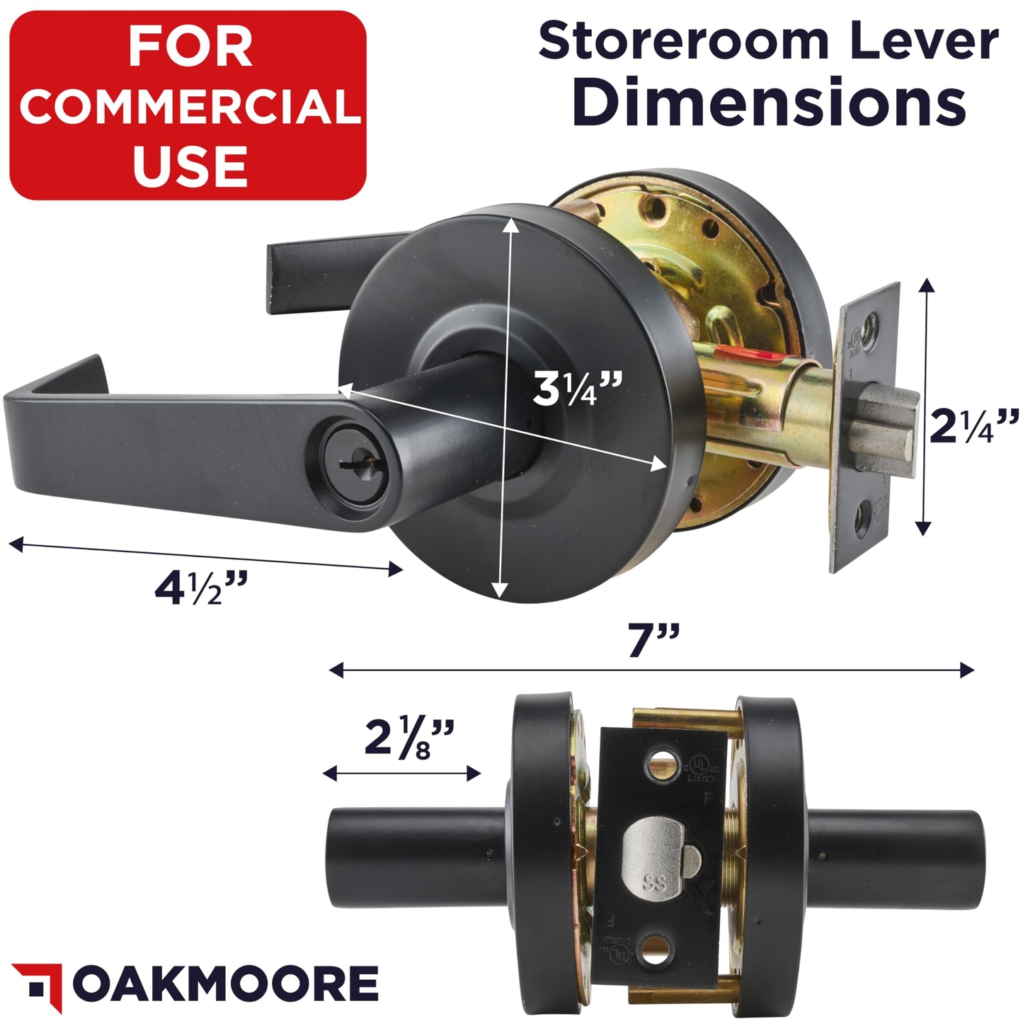 OAKMOORE Commercial Door Handle Black - Grade 2 Lockset - Door Lever Schools Offices Industrial UL CUL & ADA – ANSI A156.2 (Storeroom (Auto Locking, Need Key))