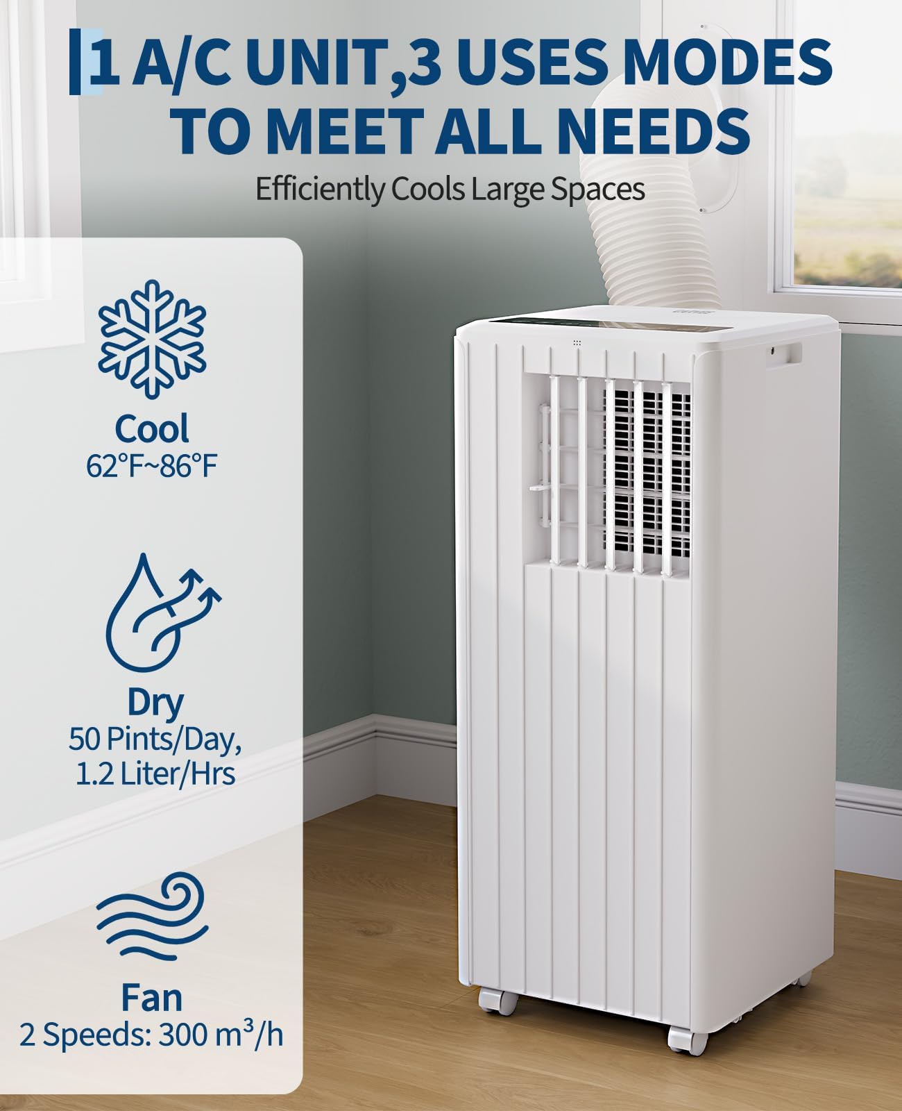 8000 BTU Portable Air Conditioner, 3-in-1 Cooling, Dehumidifying & Fan for Rooms Up to 350 Sq. Ft, Quiet Sleep Mode, Energy-Saving 24-Hr Timer, AC Unit with Remote & Full Window Kit, White