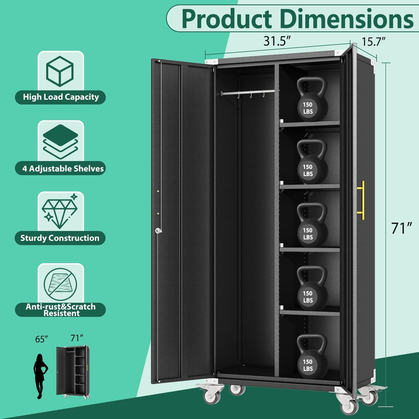 PAOFIN 71" Garage Storage Cabinet with Hanging Rod,Lockable Metal Broom Closet Storage Cabinet with 4 Adjustable Shelves for Tools,Garage Home,Office Required Assembly,Black
