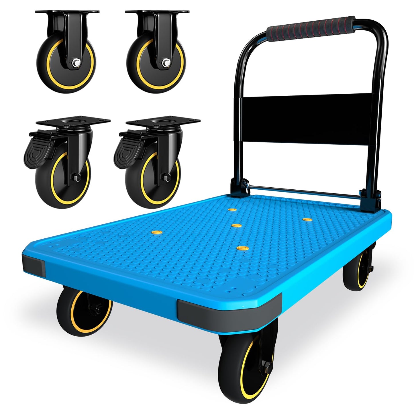 WUD Foldable Hand-Push Platform Truck with Brake, 360-Degree Swivel Wheels, 35.4”L x 23.6”W, 880 lb Load Capacity, Suitable for Luggage, Travel, Moving, Shopping, Office, Home Garden, Blue
