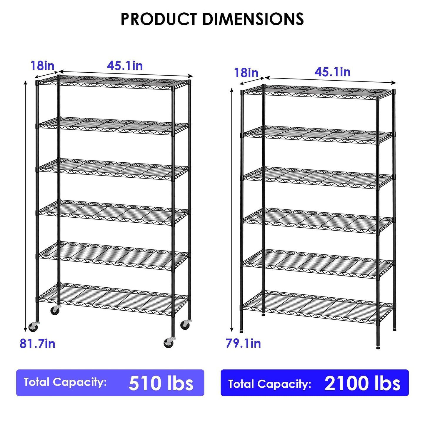 FDW | 6-Tier Wire Storage Shelves with Wheels | 45"x18"x82" | Black | Adjustable Racks | Heavy-Duty Metal Shelf, Holds Upto 2100 lbs | Tool-Free Assembly, Rust-Resistant | for Home & Garage Shelving