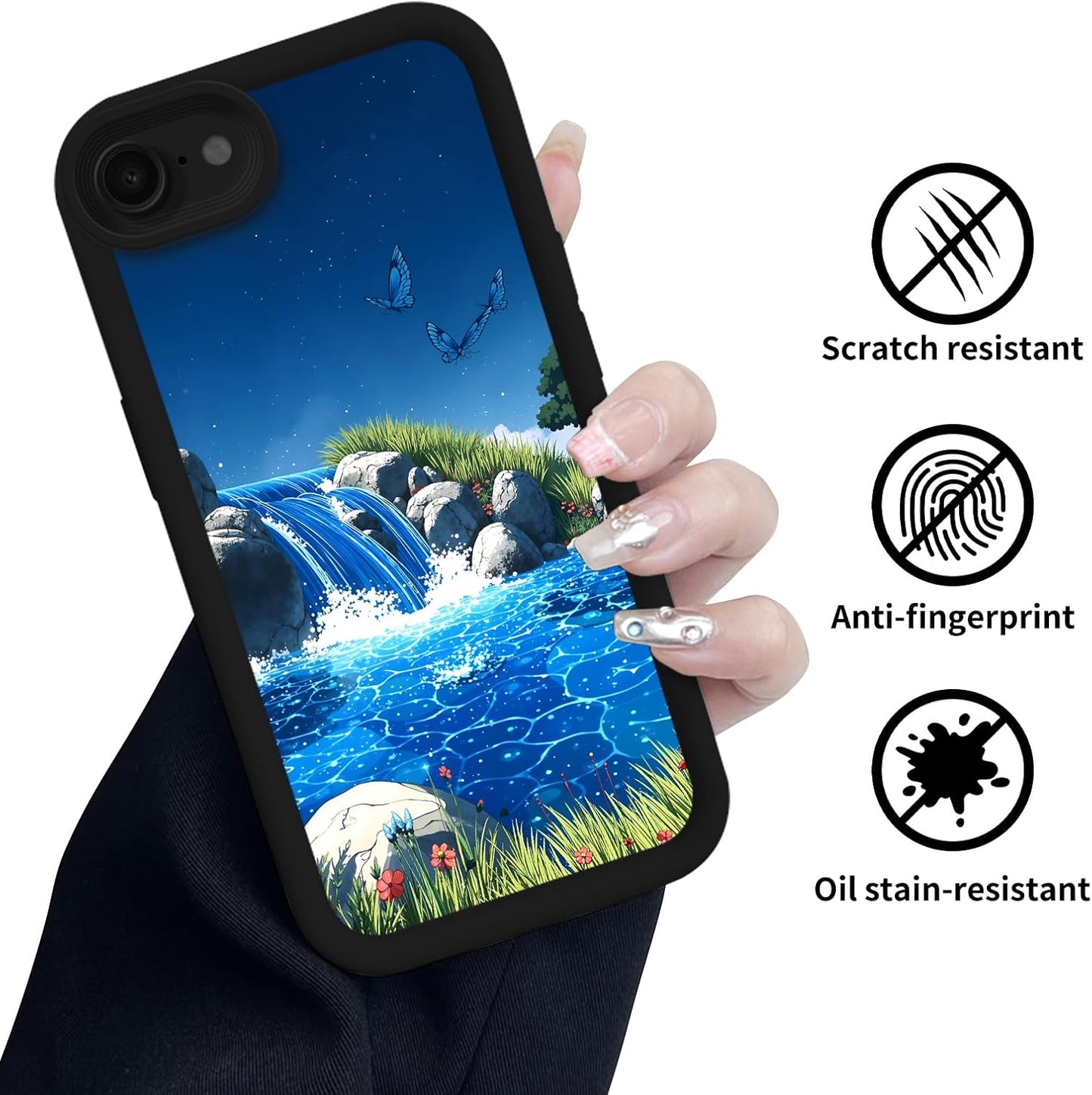 Branwen 16E 6.1 inch for iPhone Case Blue Waterfall Butterfly Soft Touch Step Design, Sparkling Water, Vivid Hues
