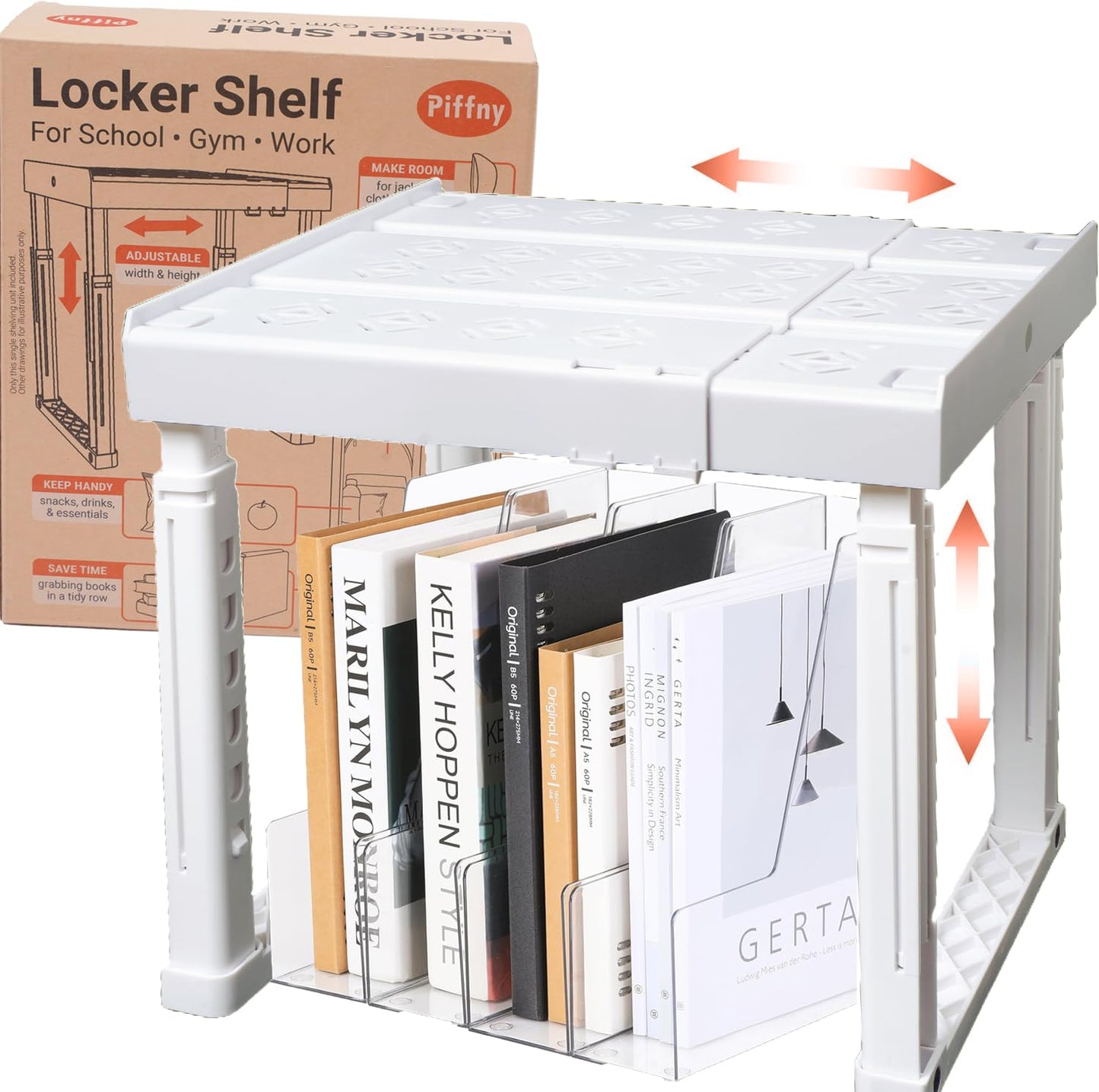 Piffny Locker Organizer Shelf， Adjustable Width and Height, Stackable, Ideal Locker Shelf for School, Office, Gym Lockers, or Even Kitchen Cabinets & Under Sink Organization (White 1 Pack)