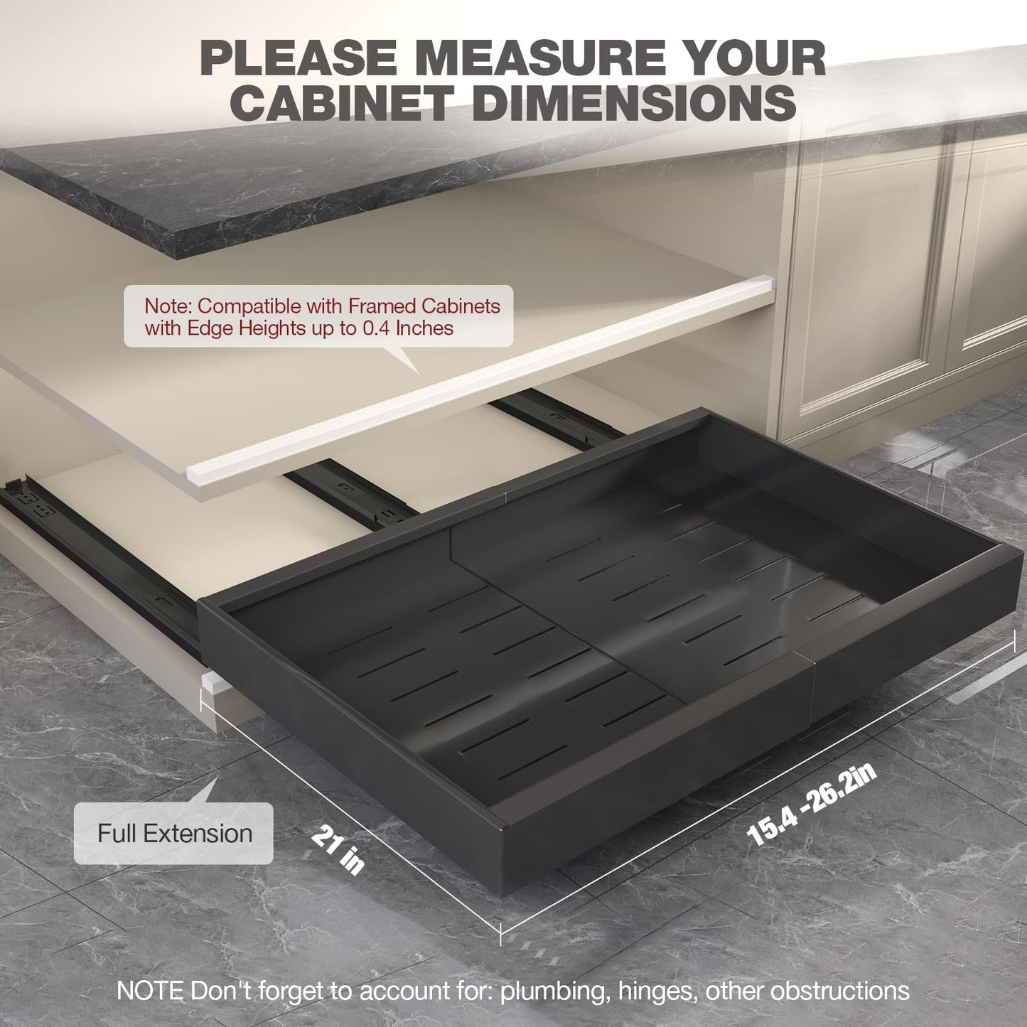 Seinloes 4 Pack Pull Out Cabinet Organizer 21" Deep,Full Extension 3 Slide Rails Slide Out Drawers With Raising Pad for Framed Cabinets,Expandable Width (15.4"-26.2"),No Drill Roll Out Shelves,Black