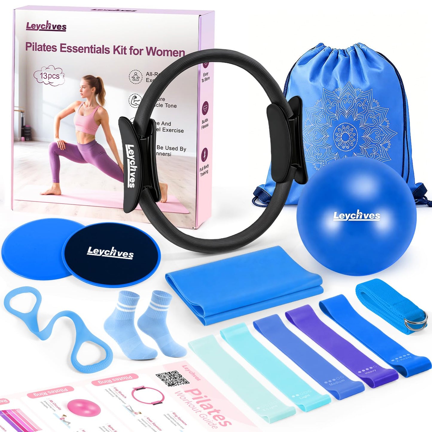 Home Pilates Kit for Petite Women, Pilates Ring and Ball Set 12'' Magic Circle, Mini Ball, 5 Resistance Bands, Workout Guide for Essentials Starter Kit for Beginners, Strength, Toning, Improve Posture