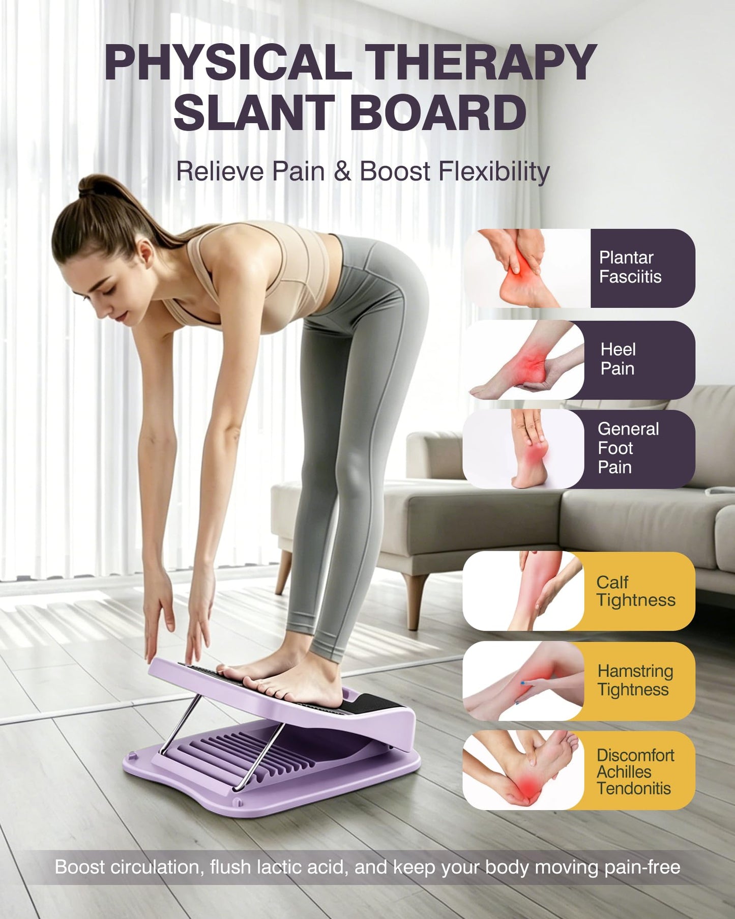 9-Level Adjustable Slant Board for Calf Stretching, Incline Board with 2 Resistance Bands, Portable Calf Stretcher for Exercise & Physical Therapy Equipment (Purple)